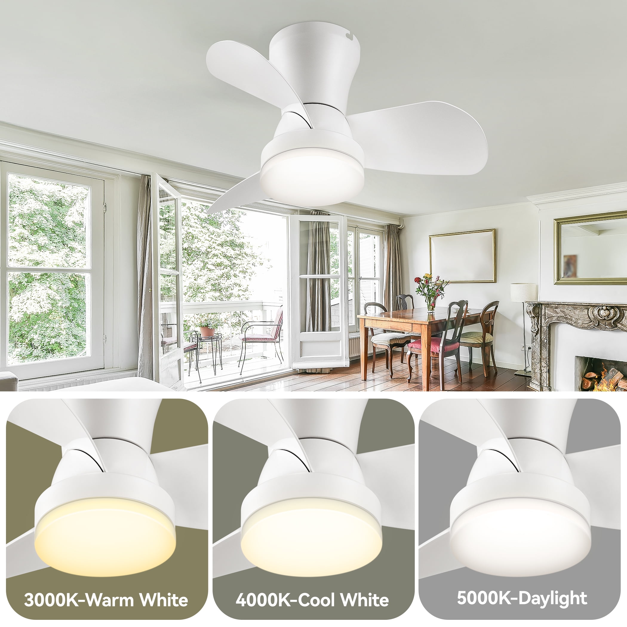 SUNMORY 22" Ceiling Fan, Low Profile for Bedroom & Kitchen, 6 Wind Speeds, White