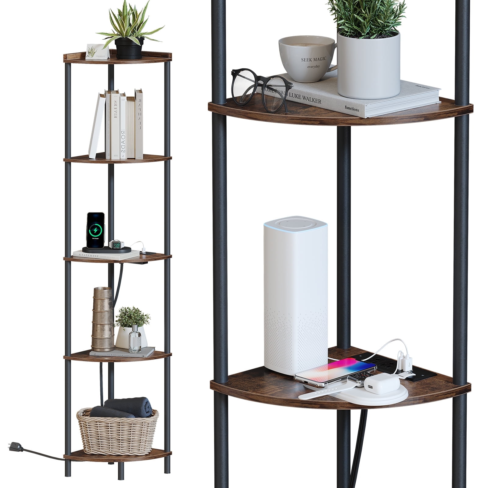 SUNMORY 5 Tier 65 in Wood and Metal Walnut Corner Bookcase with 2 USD Ports and 2 Power Outlets