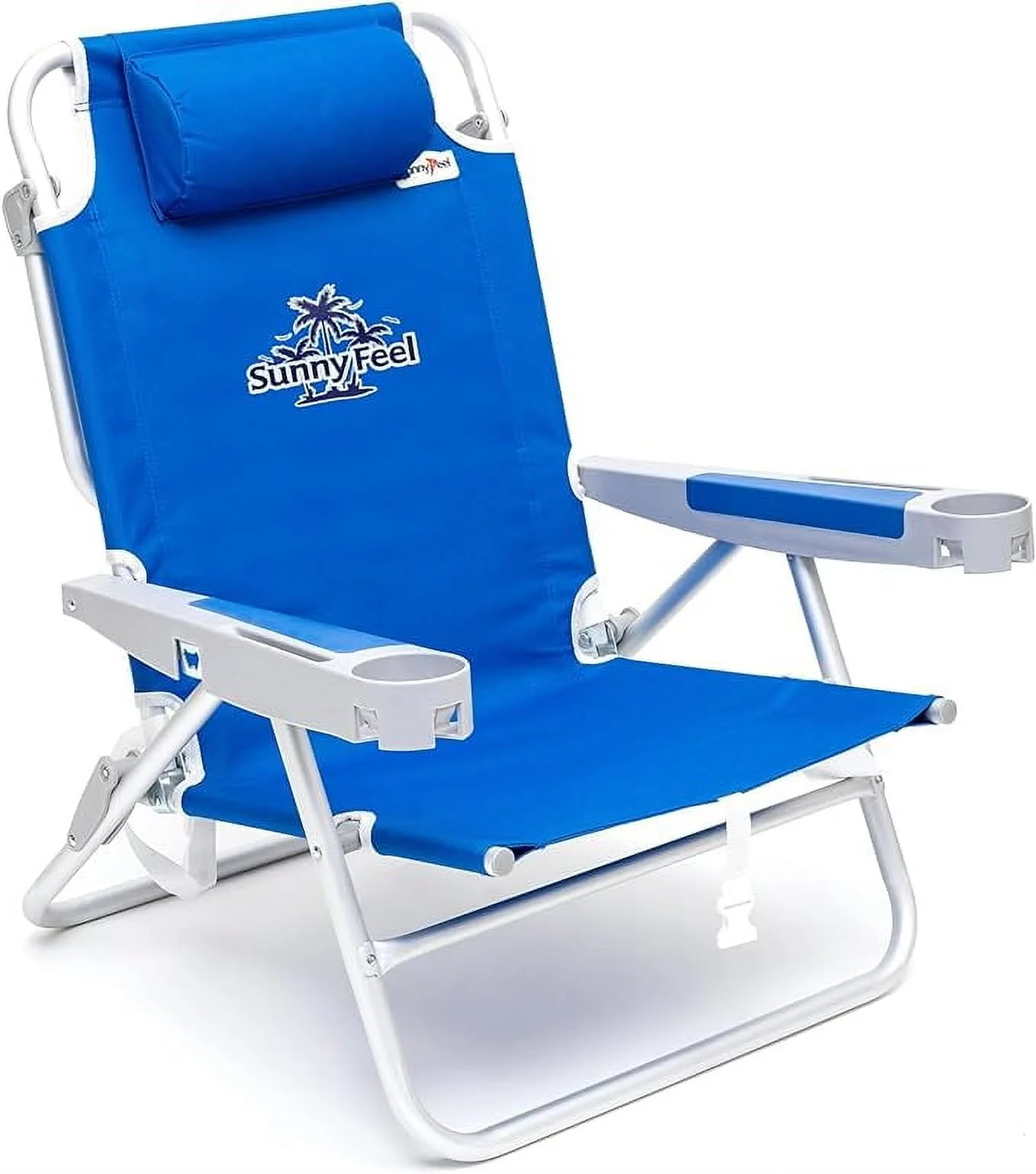 "Sunnyfeel Reclinable 28"" Low Beach Chair, 5 Position Lay Flat, XL Portable Folding Camping Chair, Navy Blue"