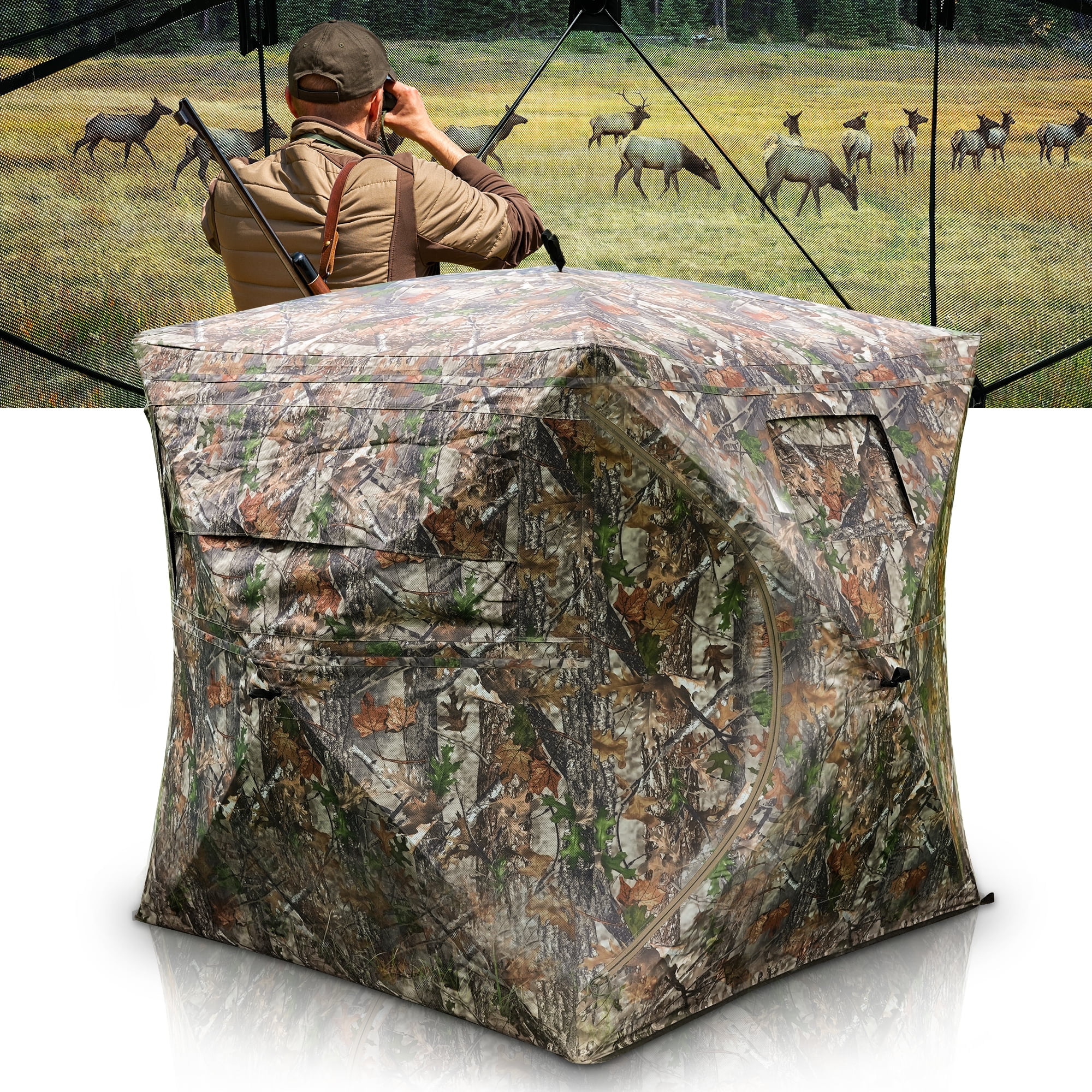 SUNOYAR Hunting Blind, 270° See Through Ground Blind, 2-3 Person 200D Pop up Hunting Tent, Portable Deer Blind with Carrying Bag&Silent Window for Deer and Turkey Hunting, Camouflage