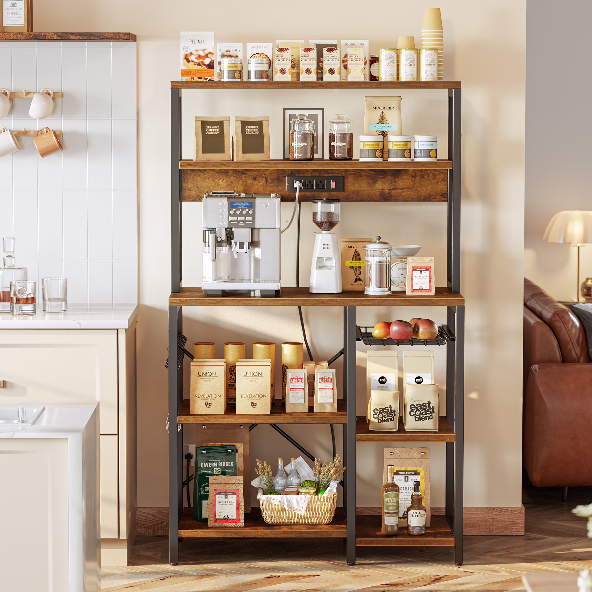 SUPERJARE Wide Large Bakers Rack, 5-Tiers Microwave Stand with Power Outlet, Kitchen Coffee Bar Table with S-Shaped Hooks, Storage Rack Shelf in Rustic Brown