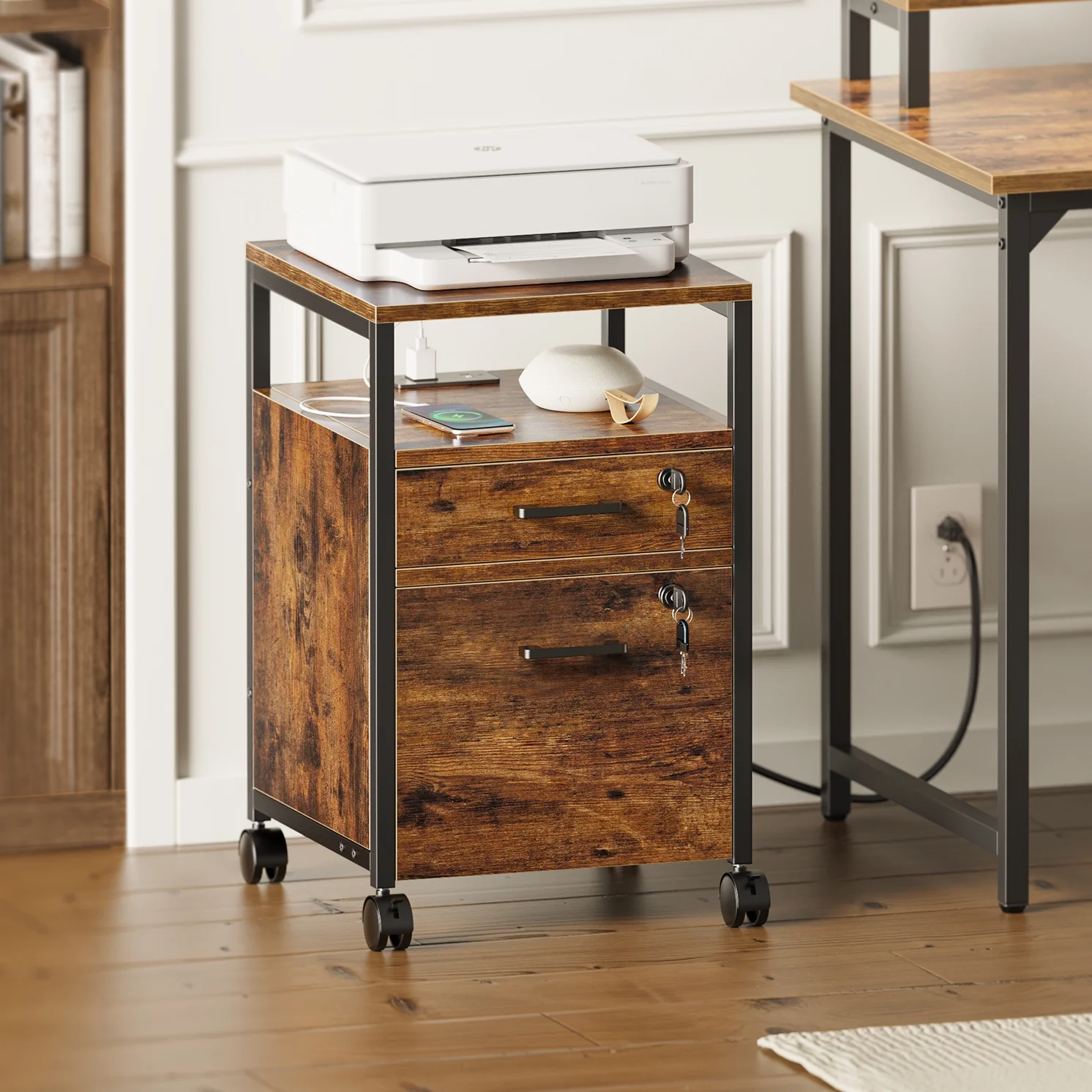 SUPERJARE File Cabinet with Lock & Charging Station, Mobile File Cabinet with 2 Drawers, Rolling Filing Cabinet with Wheels, Office File Cabinet, A4/Letter Size Files Under Desk, Rustic Brown