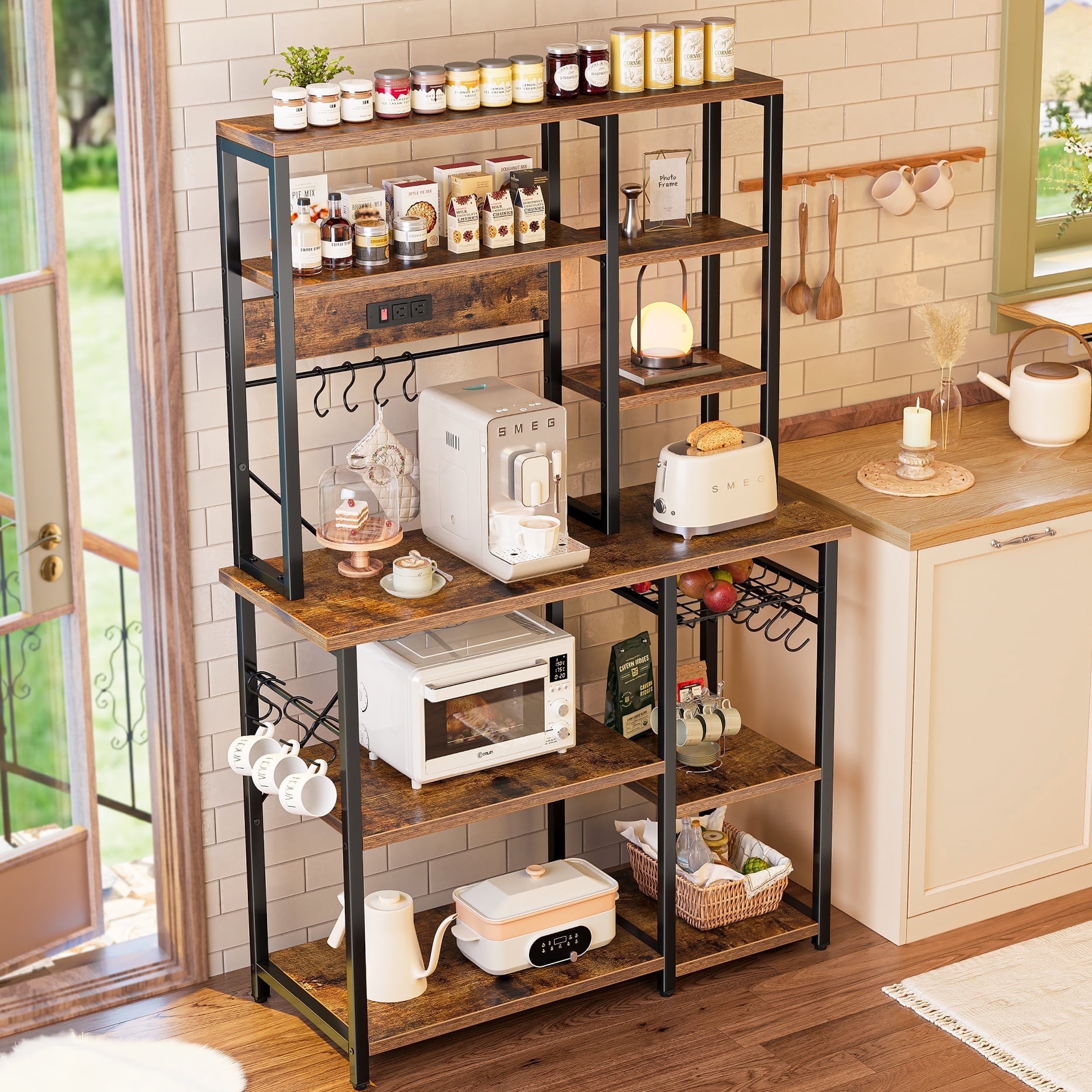 SUPERJARE Large Bakers Rack, Microwave Stand with Power Outlets, Kitchen Coffee Bar Table with 12 Hooks, Kitchen Shelf Rack in Rustic Brown