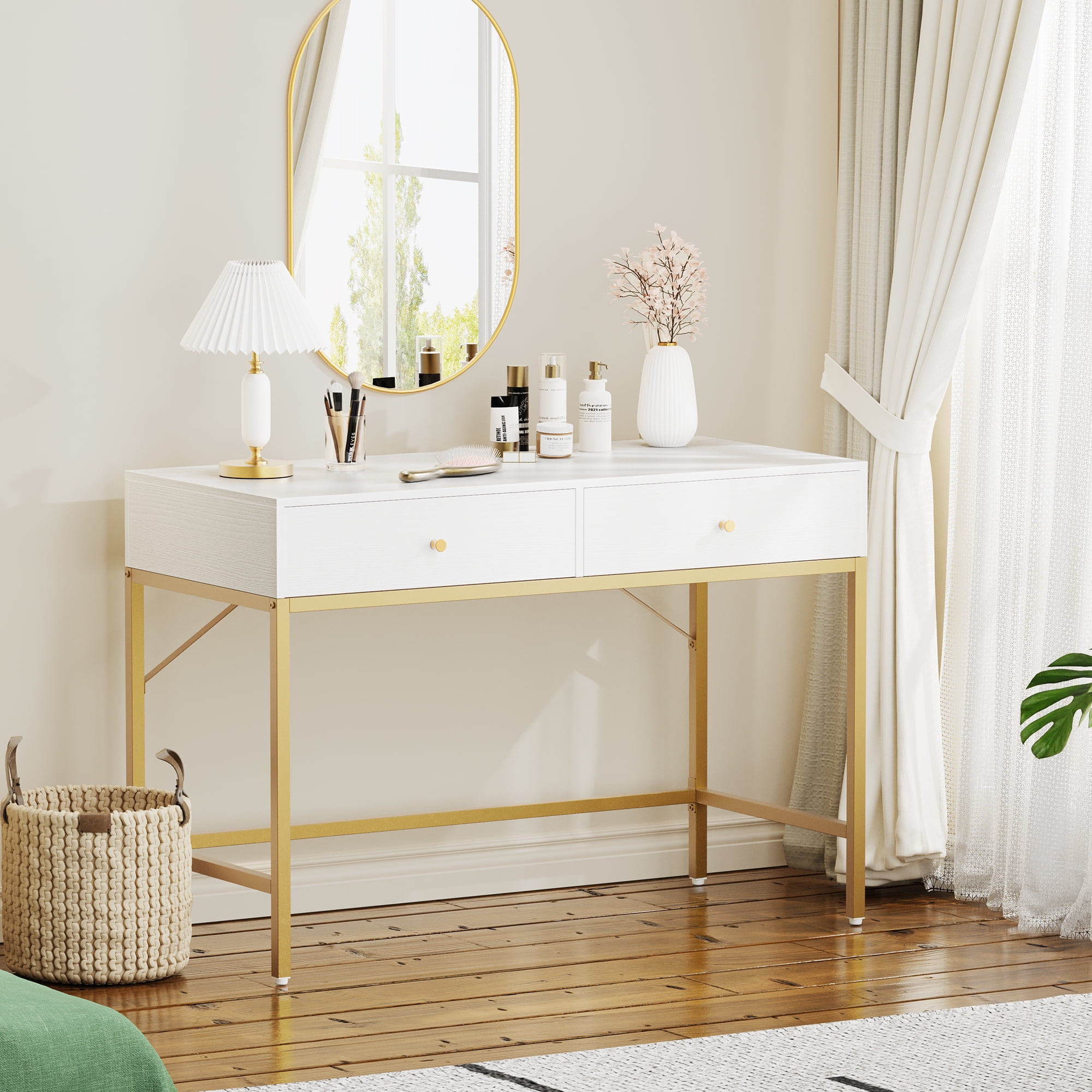 SUPERJARE Makeup Desk with Drawers, White and Gold