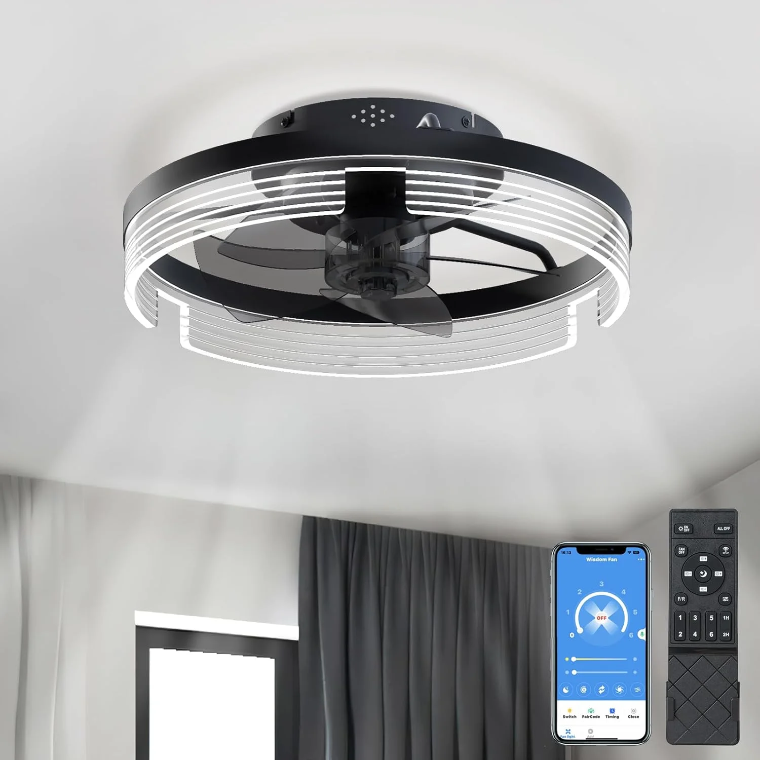 SURNIE 15.7” Black Modern LED Flush Mount Ceiling Fan with Light and Remote Control