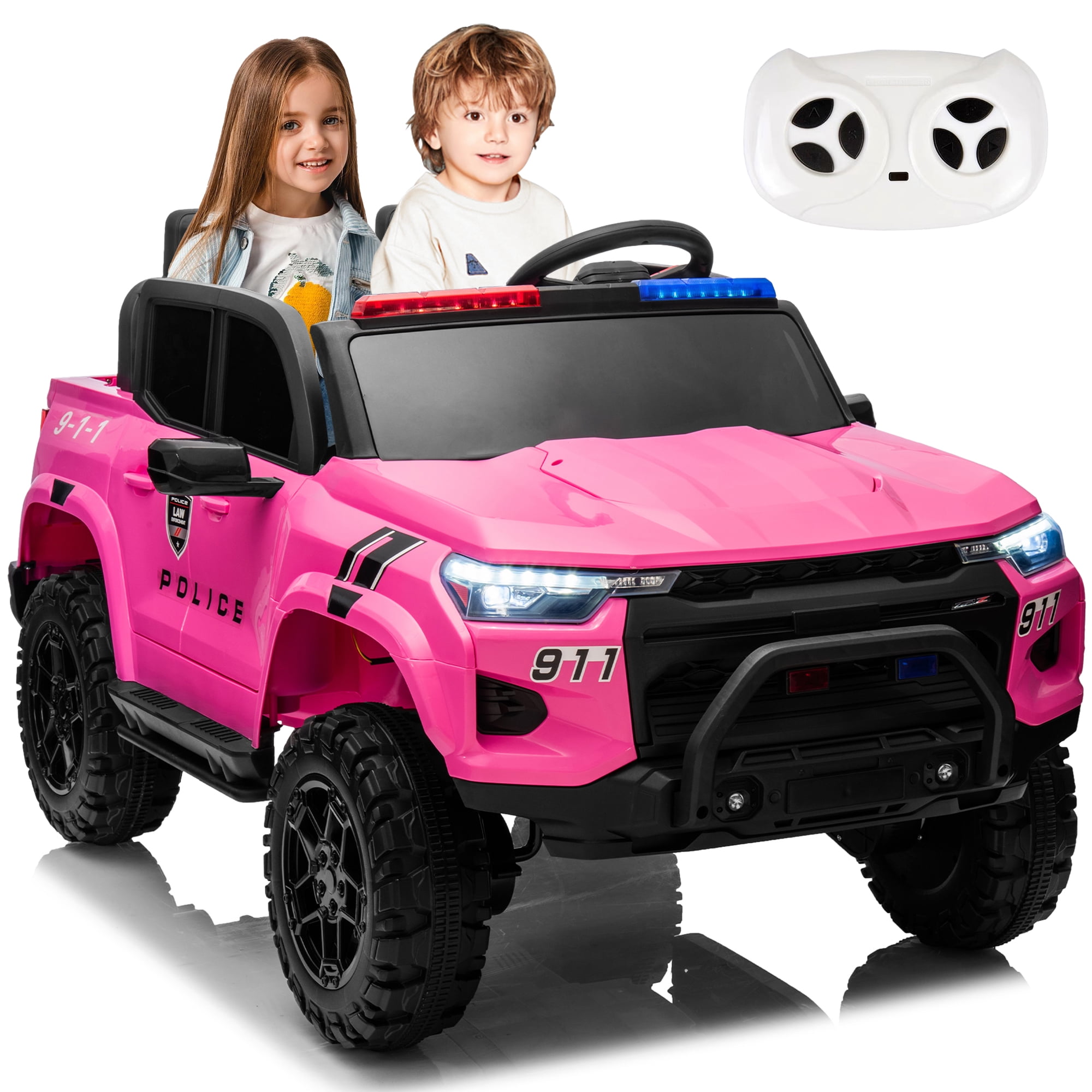 SUSIELADY 24V Kids Ride on Police Car, 2-Seater Kids Ride on Pickup, 4WD 800W Motors, with Remote Control, Bluetooth, LED Lights, Spring Suspension, for Kids Aged 3+, Rose Red