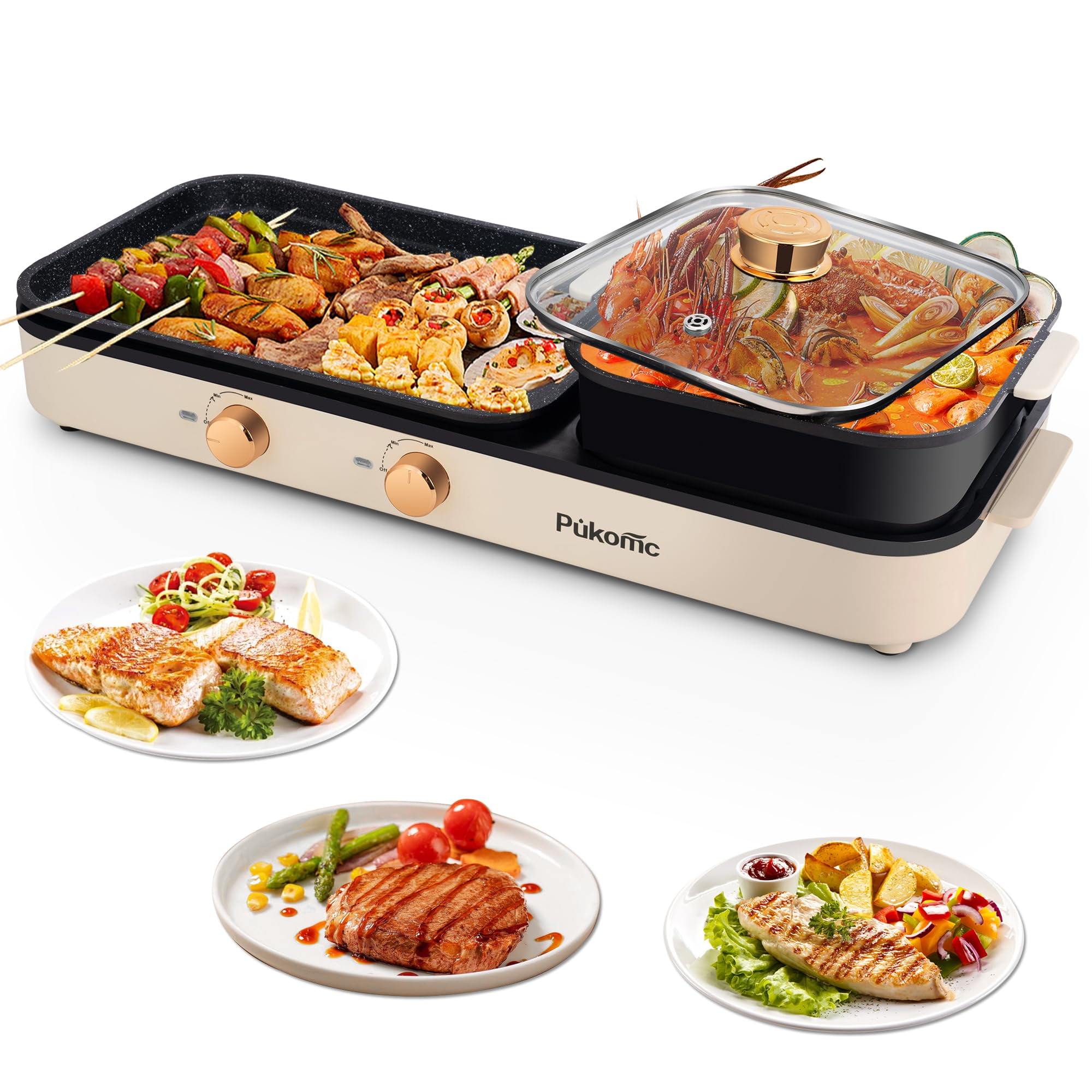 SUSTEAS 2-in-1 Electric Hot Pot with Grill: 1500W Non-Stick Removable Plate, Temperature Control for Indoor Grill for Korean BBQ, Beige