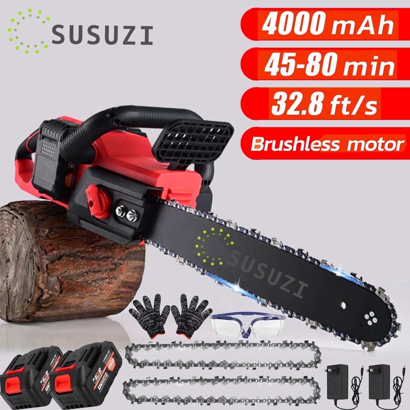 SUSUZI 16-inch Brushless Cordless Chainsaw Kit 42V Battery-Powered Chain Saw with 2x2000mAh Batteries, 2 Chains for Wood Cutting and Tree Trimming