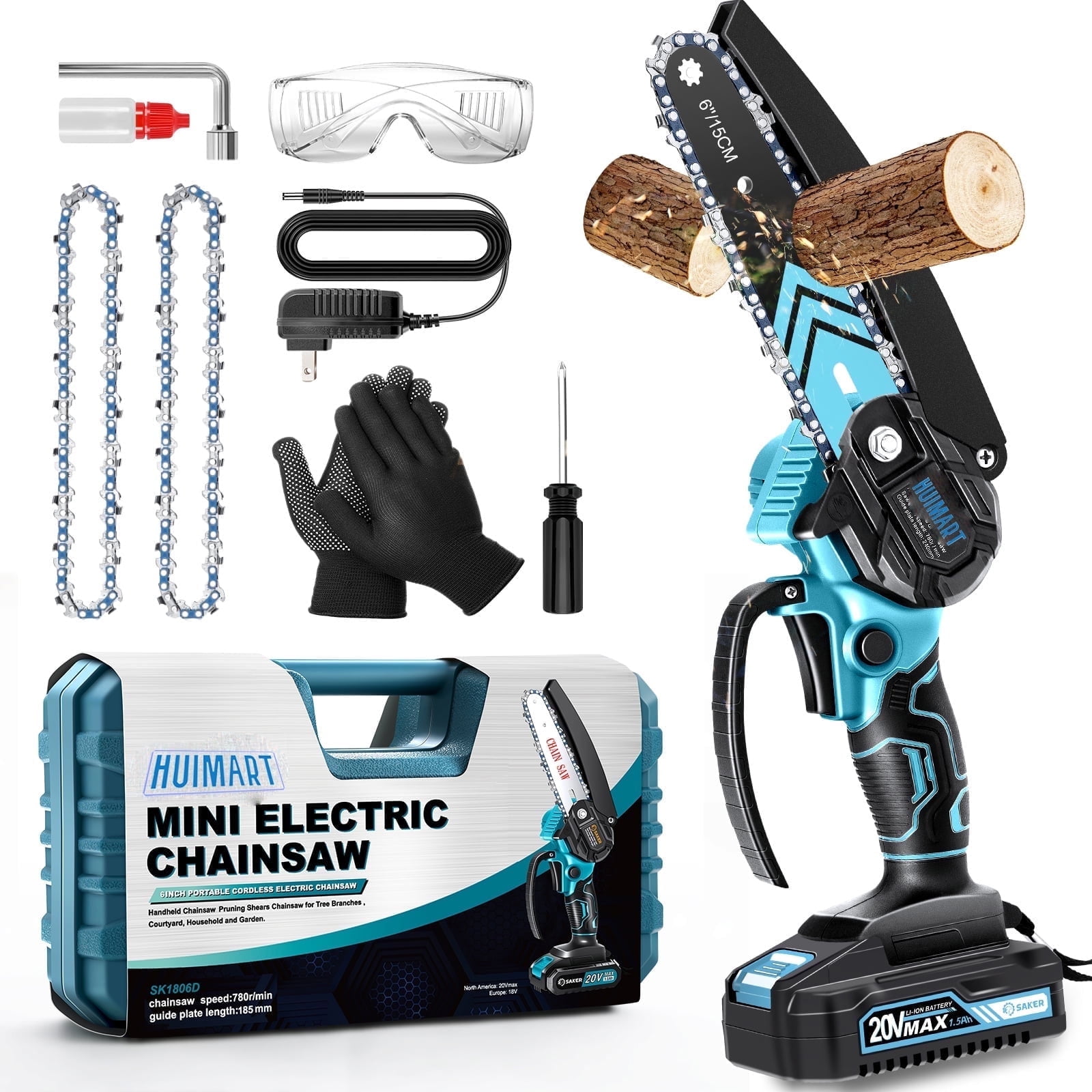 SUSUZI 8 inch Electric Chainsaw with 2 Batteries, Portable Cordless Chain Saw for Cutting, Small Handheld Battery Power Saw for Gardening, Tree Trimming