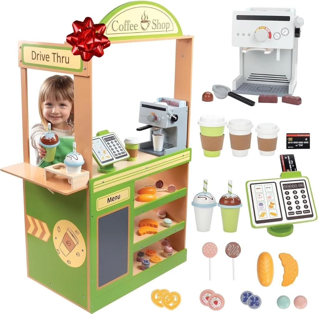 SVAN Coffee Shop Wooden Playset - Drive Thru Window Fun - 25 Pieces, Includes Frappuccino w Straws, Espresso Maker, Bread, Pastries, and more!