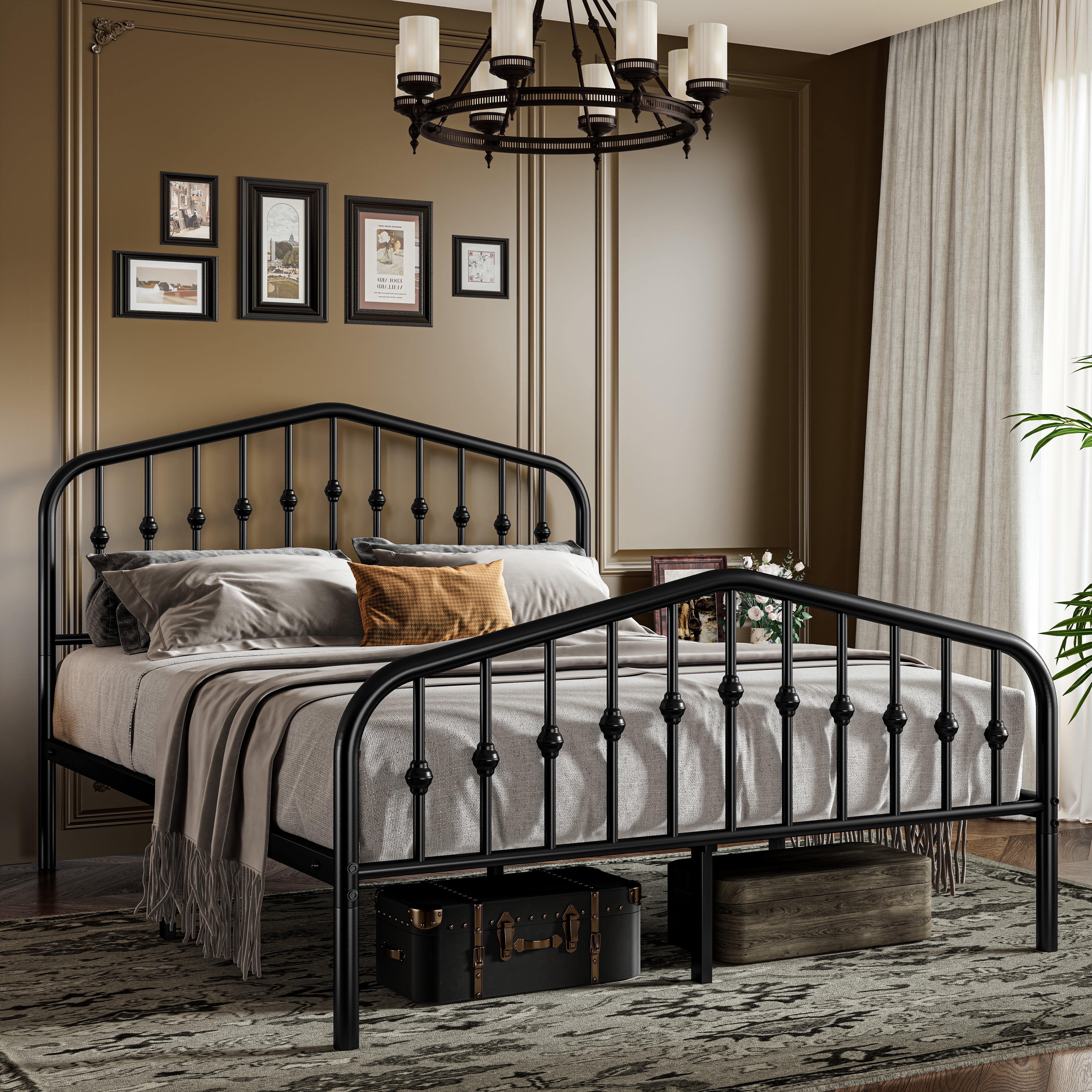 Sifurni Black Queen Size Metal Platform Bed Frame with Vintage Victorian Headboard & Footboard, Adult