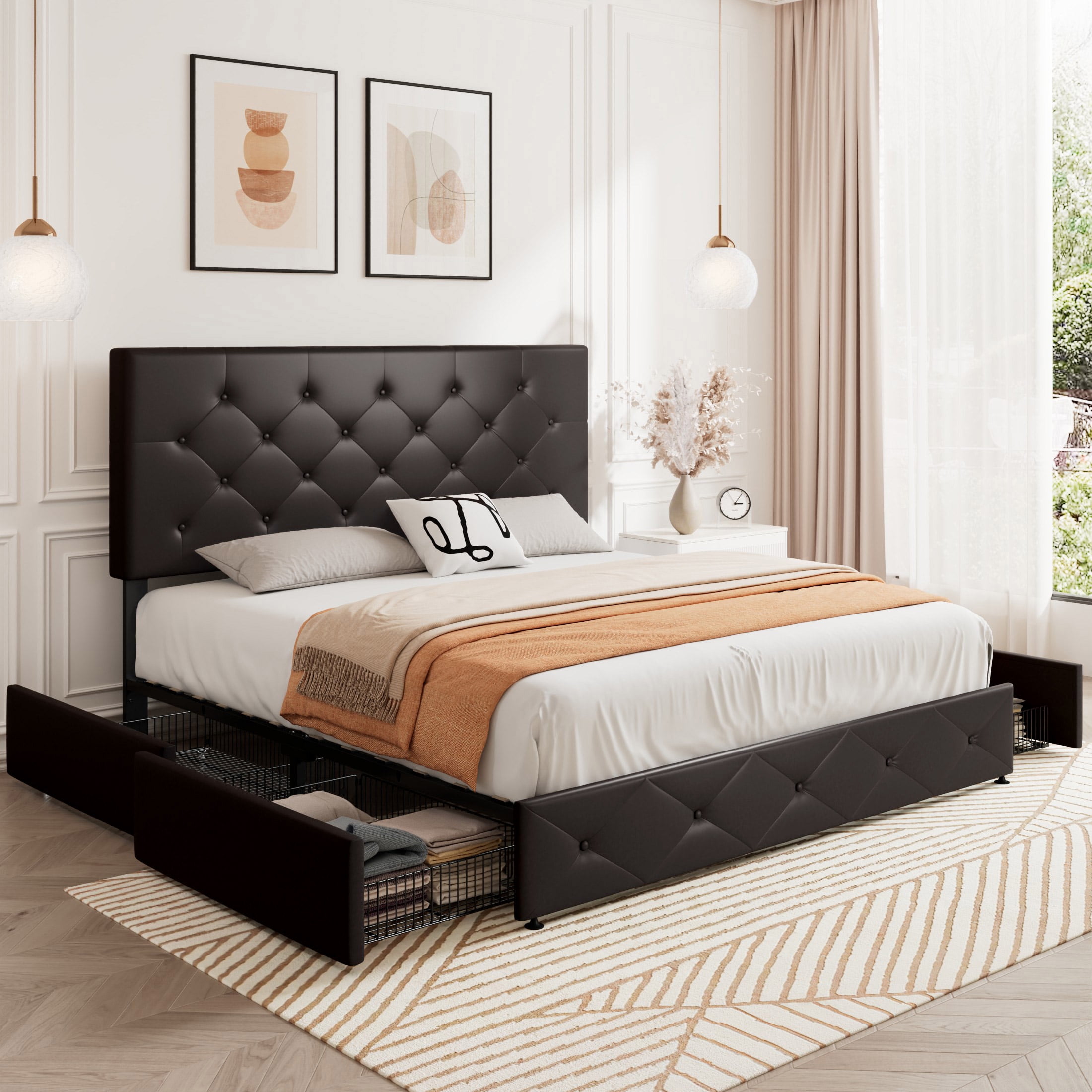 Sifurni Queen Size Upholstered Platform Bed Frame with 4 Drawers and Diamond Stitched Button Tufted Headboard, Black-brown