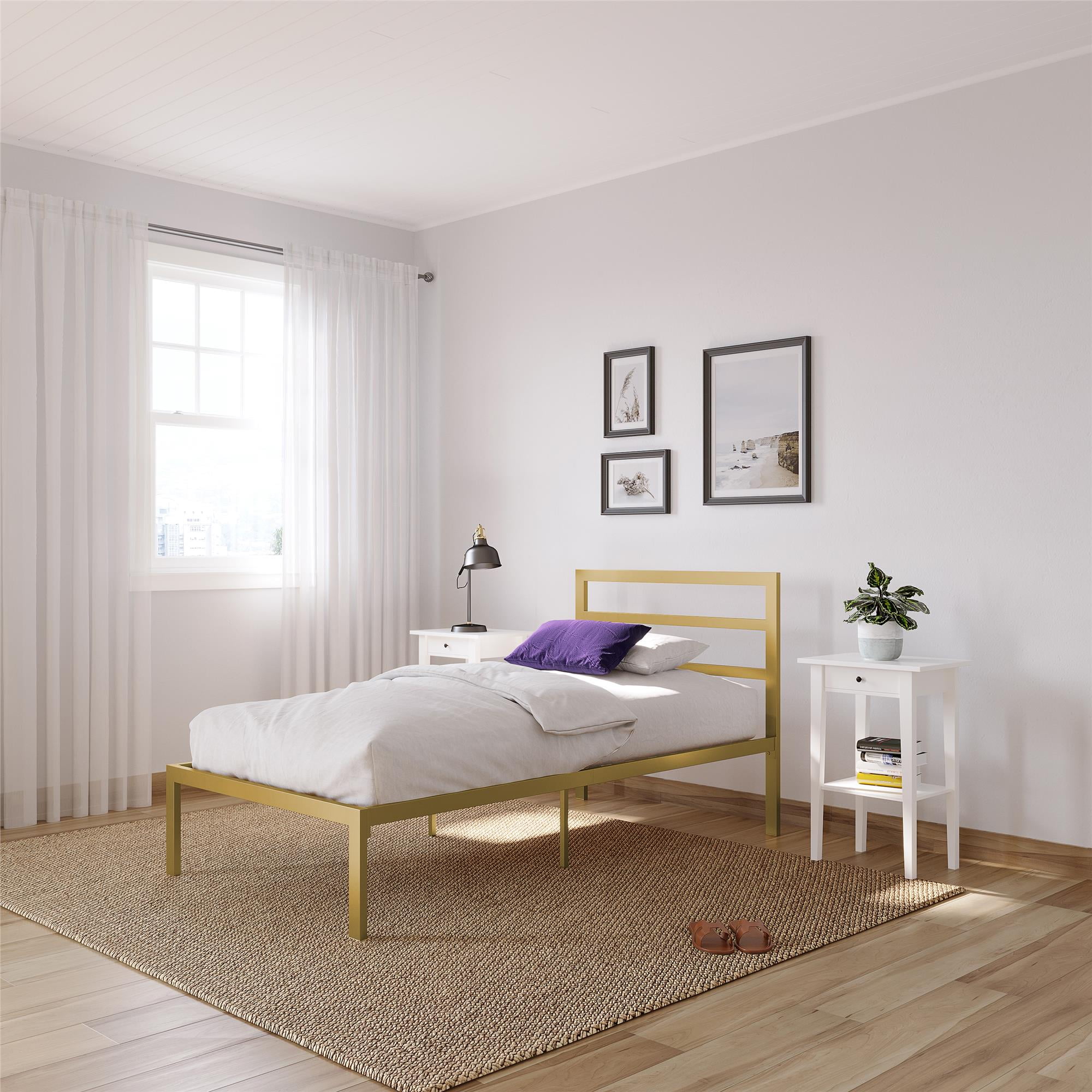 Signature Sleep Premium Modern Platform Bed with Headboard, Industrial Style, Sturdy Metal Frame with Slats, Twin, Gold