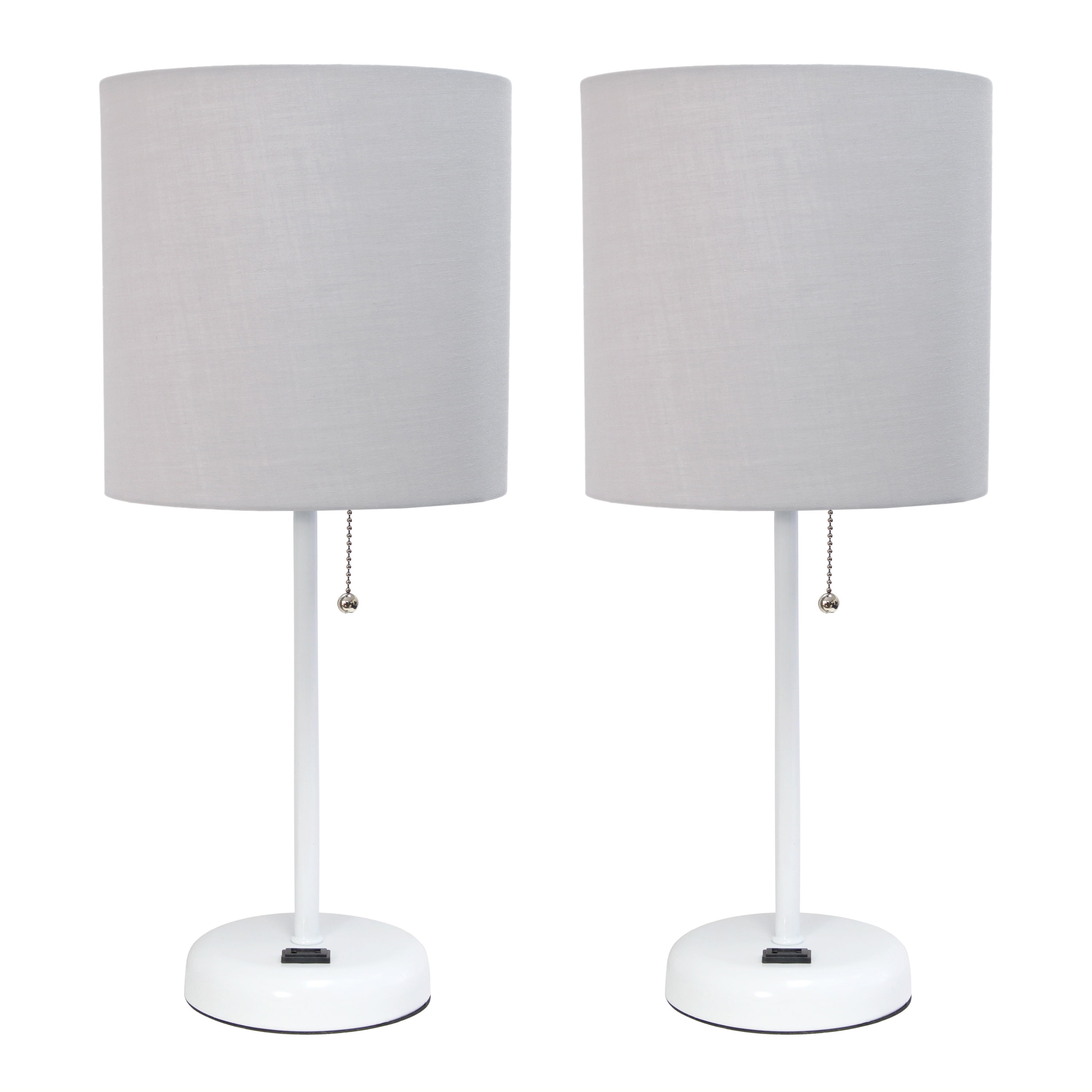 Simple Designs 19.5" 2-Pack White Stick Table Lamp Set with Charging Outlet, Gray Shades
