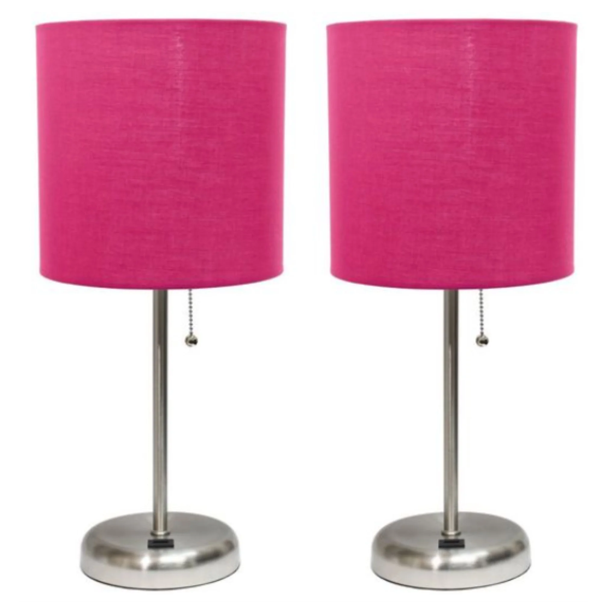 Simple Designs 19.5" 2-Pack Brushed Steel Stick Table Lamp Set with USB Port, Pink Shades