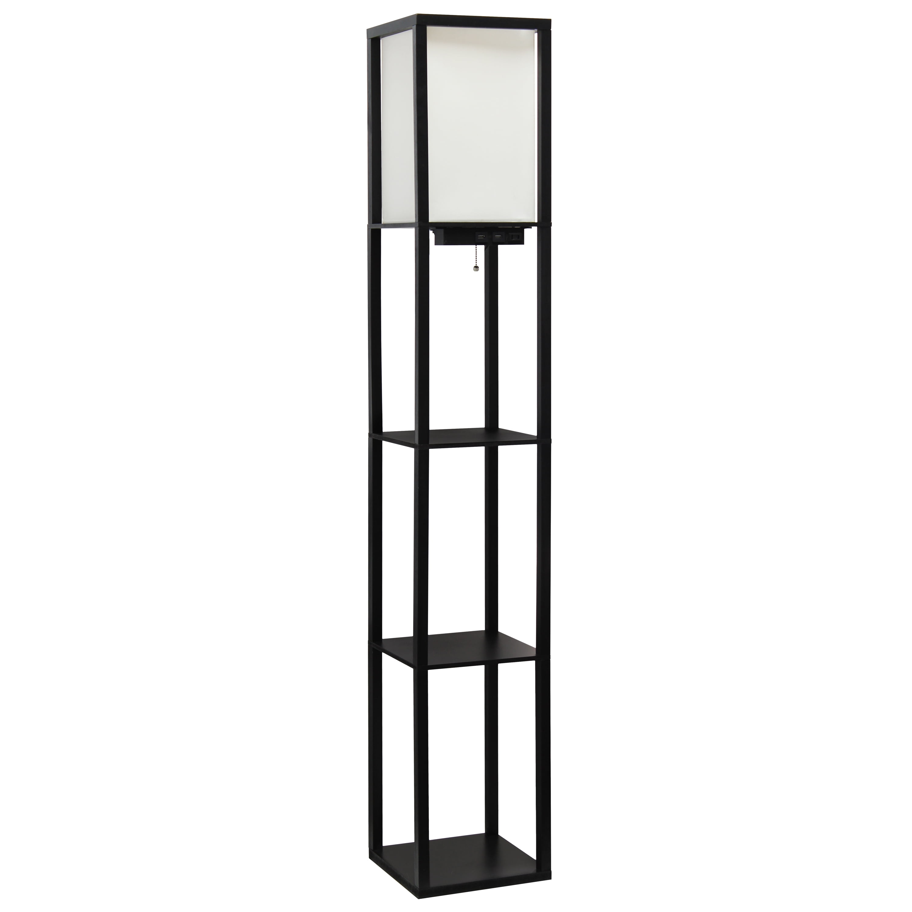 Simple Designs 62.5" 3-Shelf Etagere Organizer Storage Floor Lamp with USB Ports, Charging Outlet, Black