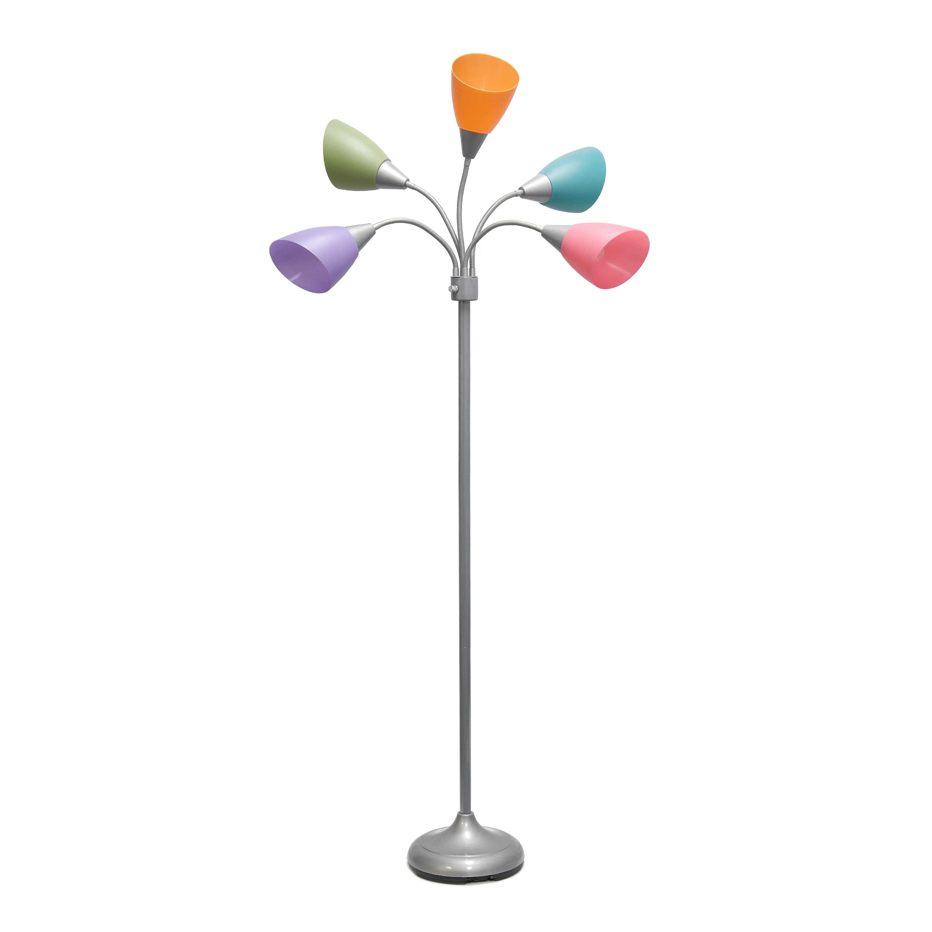 Simple Designs 67" Medusa 5-Light Adjustable Gooseneck Floor Lamp, Silver with Fun Multicolored Shades