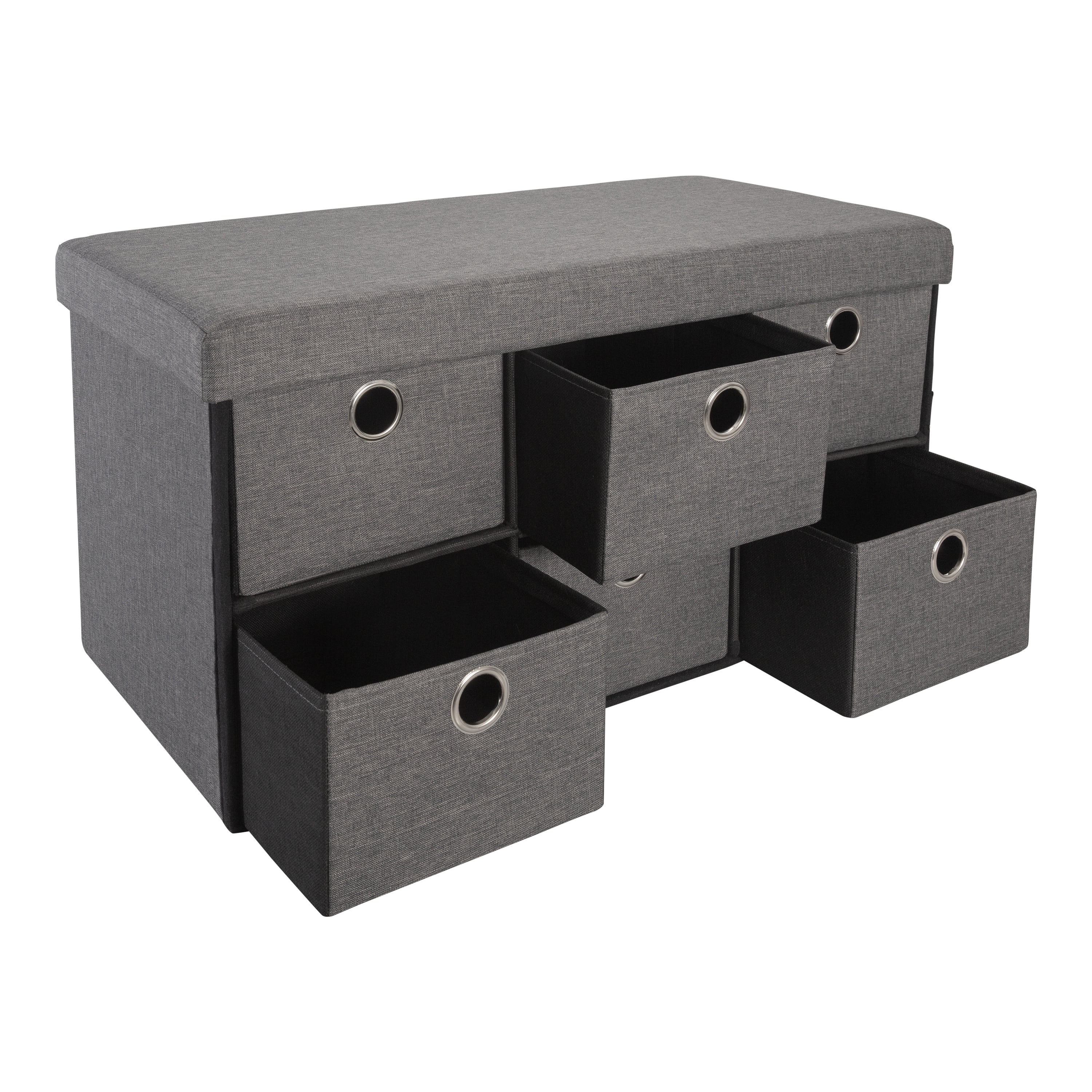 Simplify 6 Drawer Collapsible Double Storage Ottoman in Gray Faux Linen