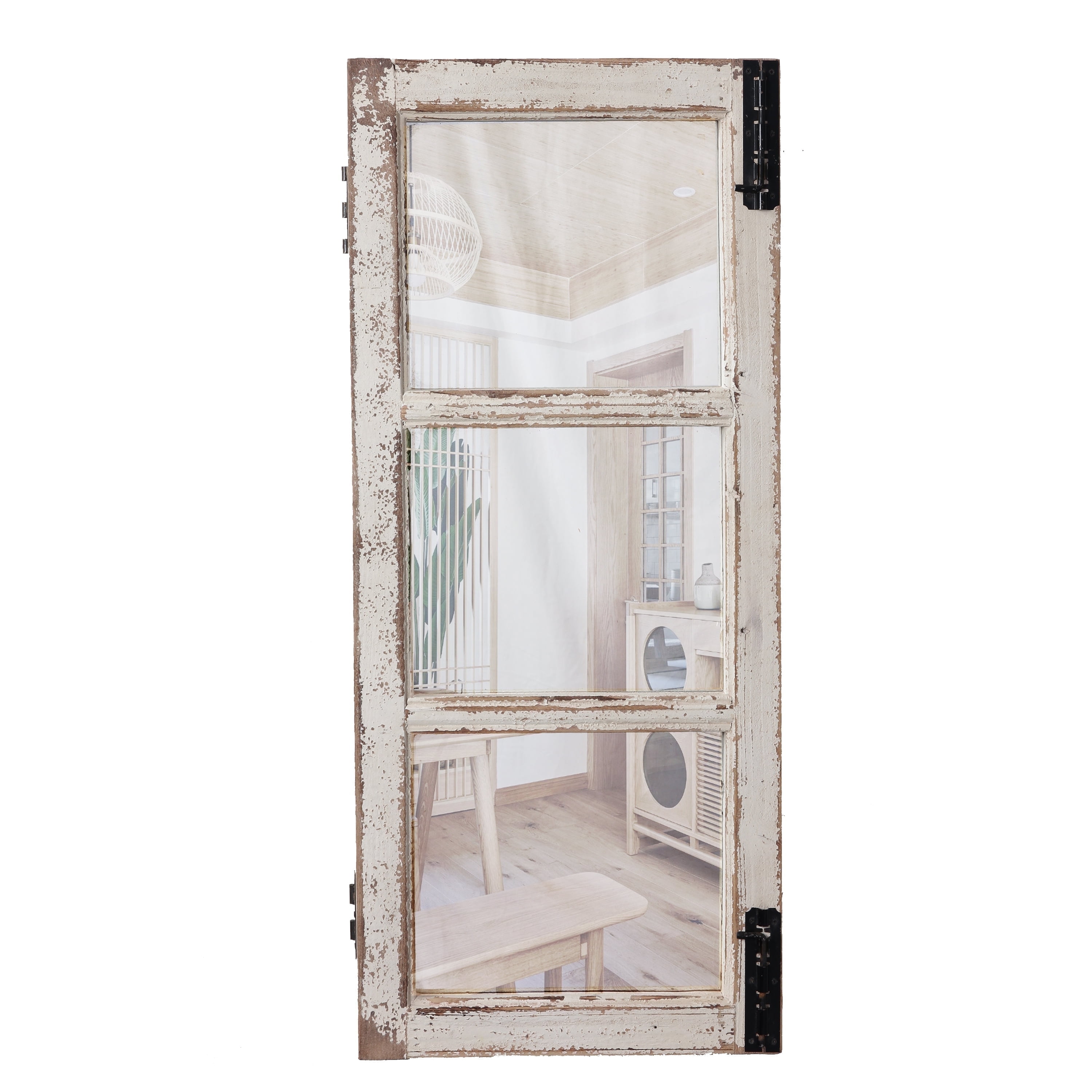 "Sintosin Rustic Farmhouse Windowpane Mirror, 14"" x 33"", Distressed White Rectangular Wall Decor"