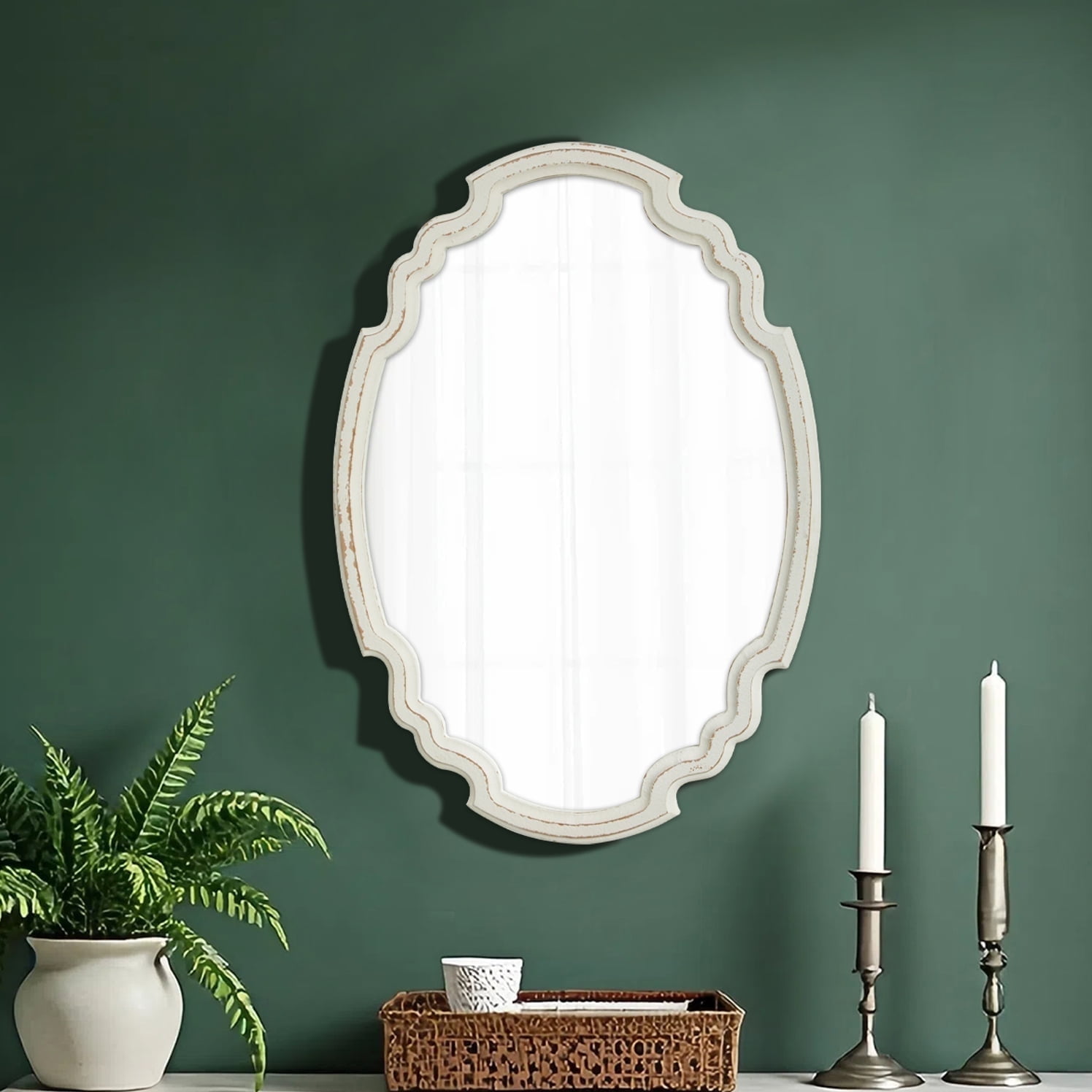 Sintosin Wall Mirror 16"x 24", White Vintage Oval Bathroom Mirror with Handcrafted Wood Frame, Decorative Vanity Mirror