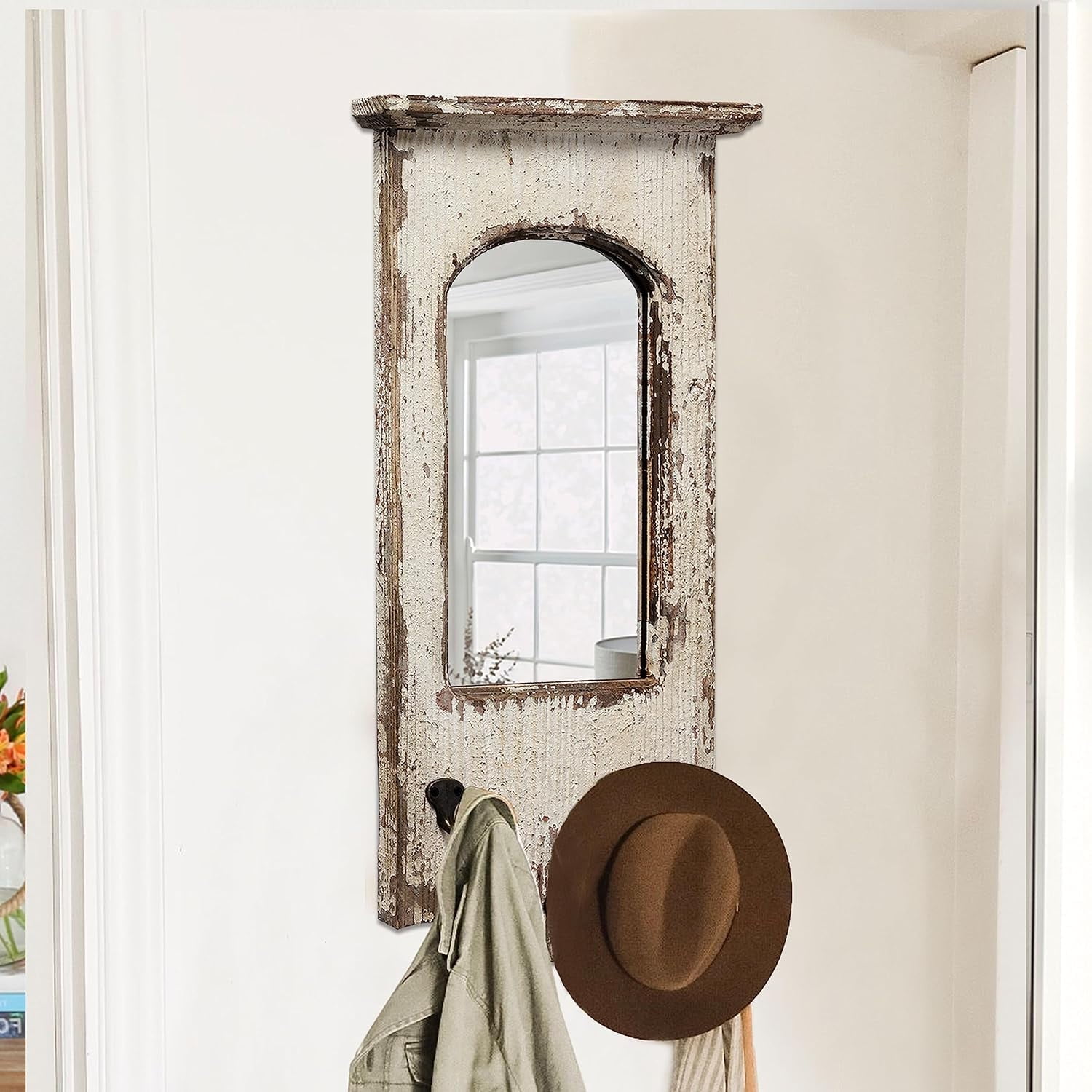 Sintosin Rustic Entryway Arched Wall Mirrors with 3 Metal Hooks 12" x 22", Hanging Distressed White Wood Frame Farmhouse Bathroom Mirrors for Vanity, Vintage Large Ornate Mirror Wall Decor