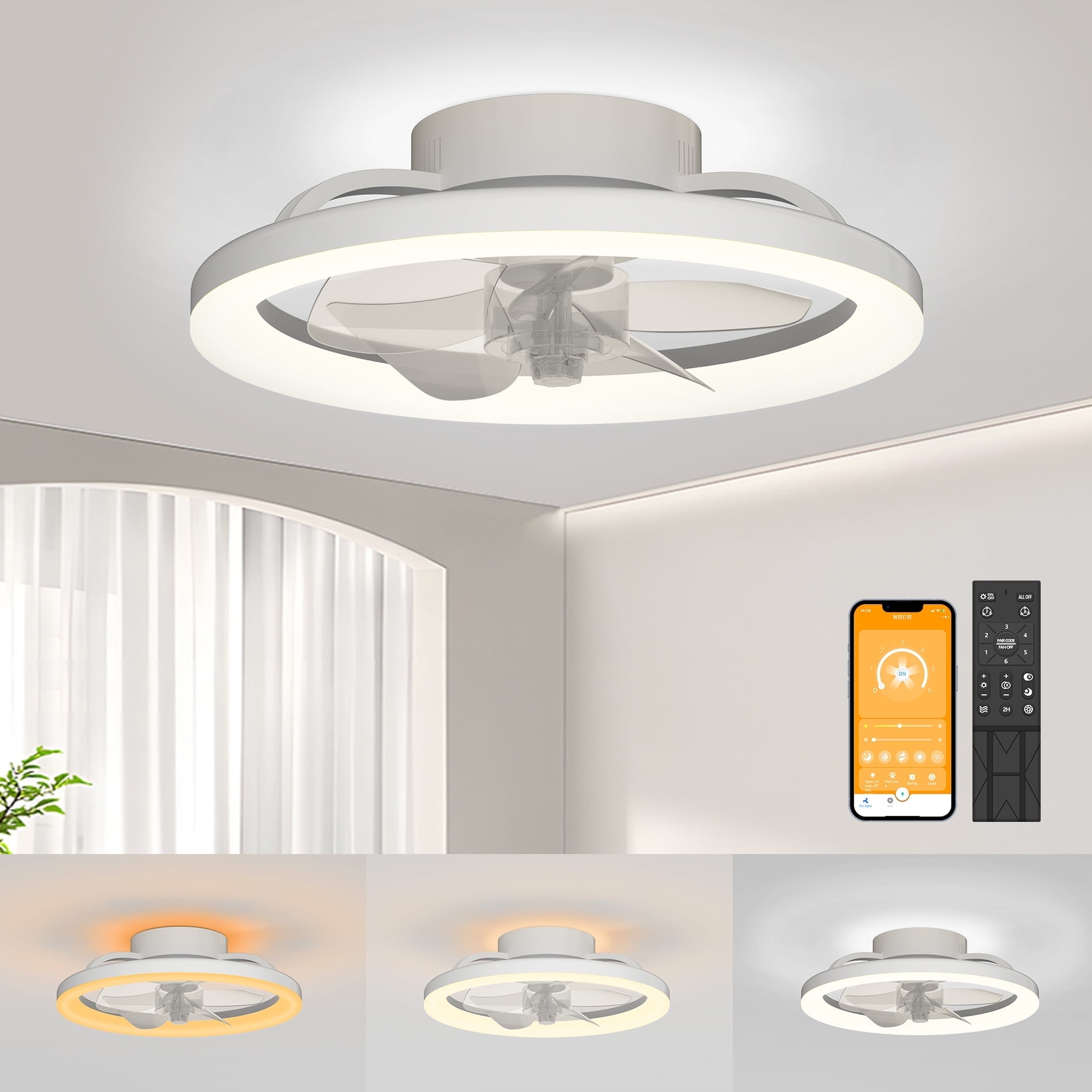 Skvevn 16" Ceiling Fan for Bedroom, 3 Colors Lighting, 6 Wind Speeds, Remote & APP Control, Modern Dimmable LED Ceiling Fan