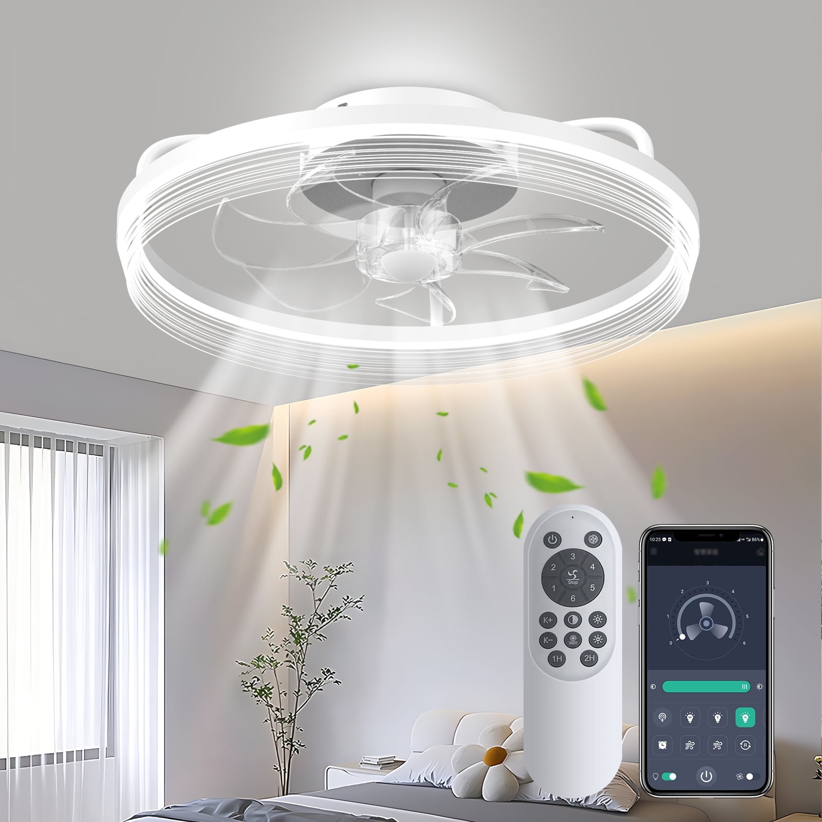 Skvevn 20" Ceiling Fan with Light, 6 Wind Speeds, Remote & APP Control, Modern Dimmable LED Ceiling Fan, Smart Ceiling Fan for Bedroom