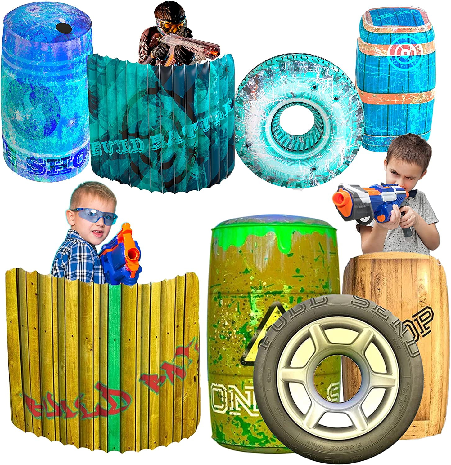 Skywin Obstacles for Play Wars - 8 Pieces Easy Set Up Inflatables Compatible with Nerf Gun Party and Laser Tag Game - Battle Obstacles Great for Shelter (4Pcs Blue, 4Pcs Green)