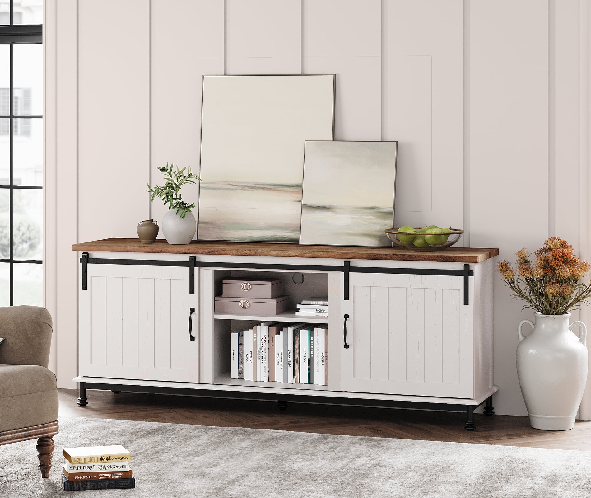 Sliding Barn Door TV Stand for 70 Inch , Wood Entertainment Center TV Console Media Table for Living Room Bedroom, White, 65"