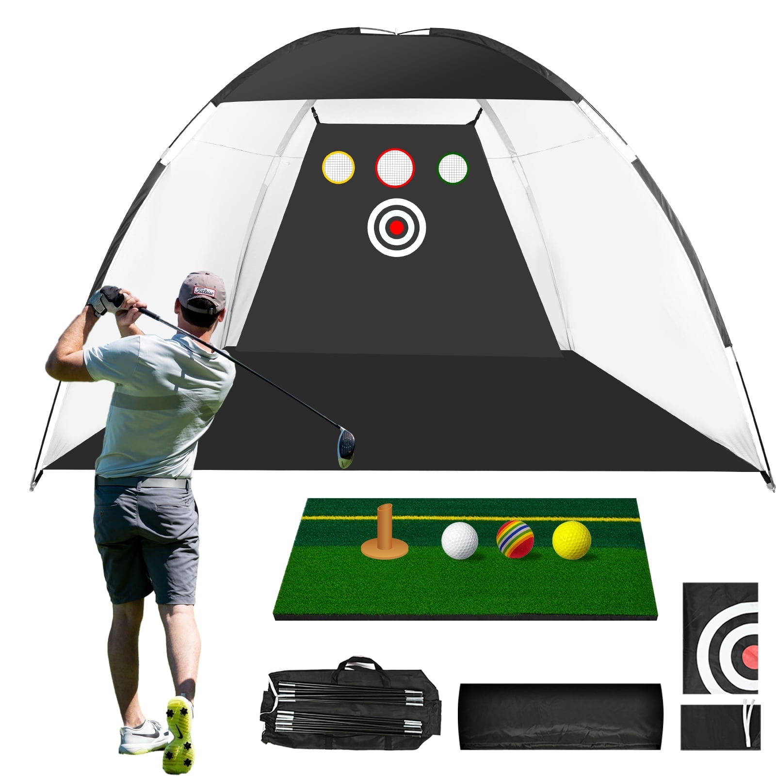 Slsy Golf Net with Hitting Mat, Golf Balls, Golf Tees, 10x7ft Golf Practice Net w/ 3 Aim Golf Target, Portable Golf Training Net, Driving Net for Outdoor/Indoor/Backyard