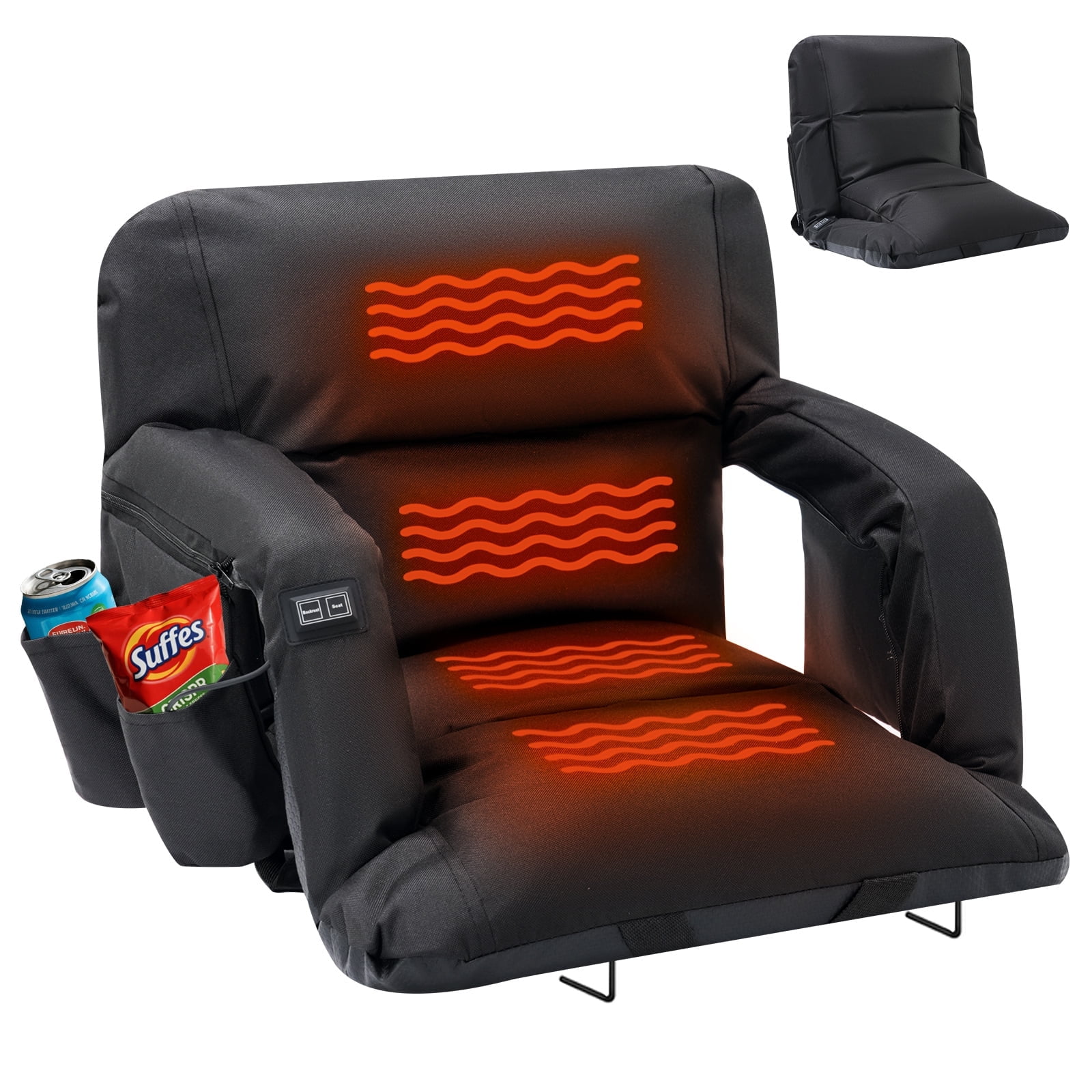 Slsy Dual-Sided Heated Ion Stadium Seats for Bleachers with Back & Arm Support and Wide Cushion, Extra Portable 6 Reclinng Positions Bleacher Seat for Outdoor Camping Games Sports