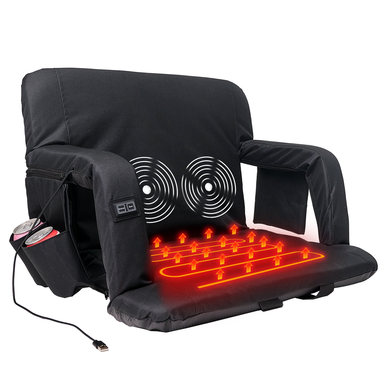 Slsy 25" Heated Massage Stadium Seats, Folding Bleacher Chair, 3 Levels of Heat&Massage, 6 Reclining Positions for Indoor Stadiums, Baseball Stadiums