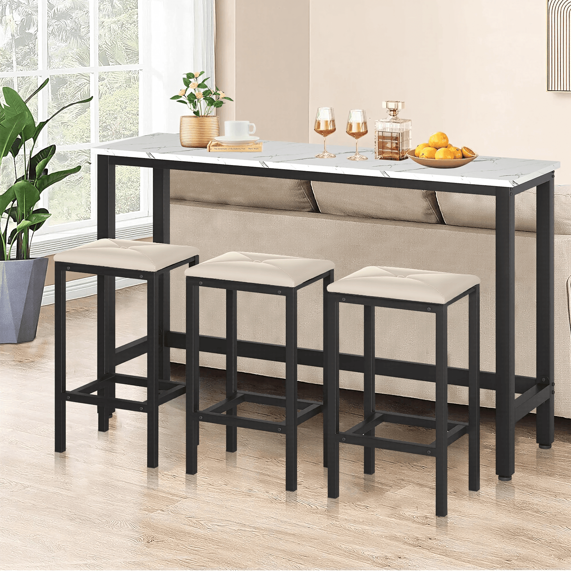 Small Kitchen Table Set for 3, Modern Dining Room Table Set with 3 Stools, Extra Long Bar Table Set, Wooden Pub Table, and Chairs Set, Saving Space Patio Restaurant Bistro Table Set, Brown