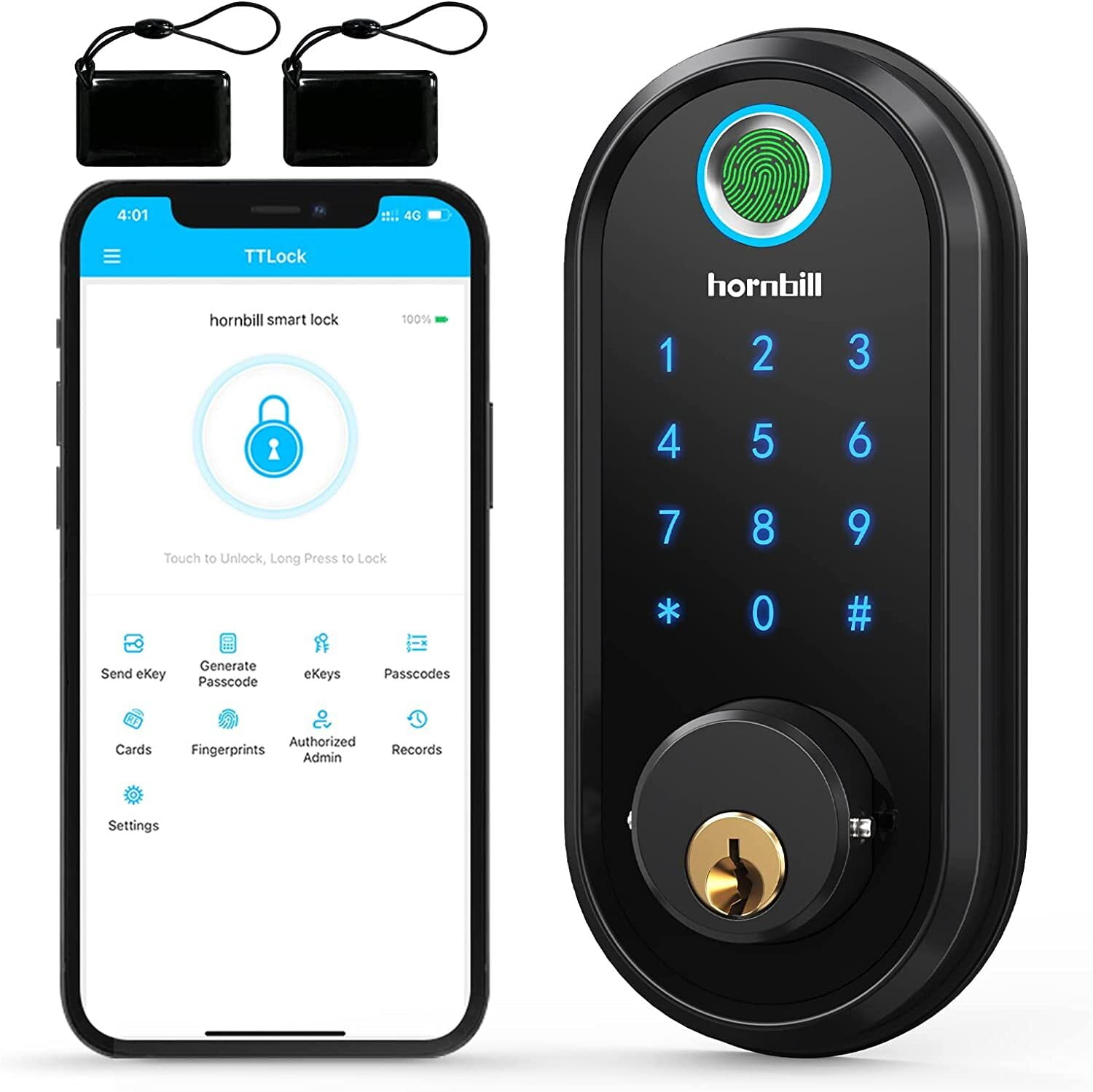 Smart Lock,hornbill Fingerprint Electronic Deadbolt Door Lock with Keypad-Bluetooth,Keyless Entry Smart Deadbolt,Free App Control,IC Card,Ekeys Sharing,Passcode,Auto Lock,Support Google Home
