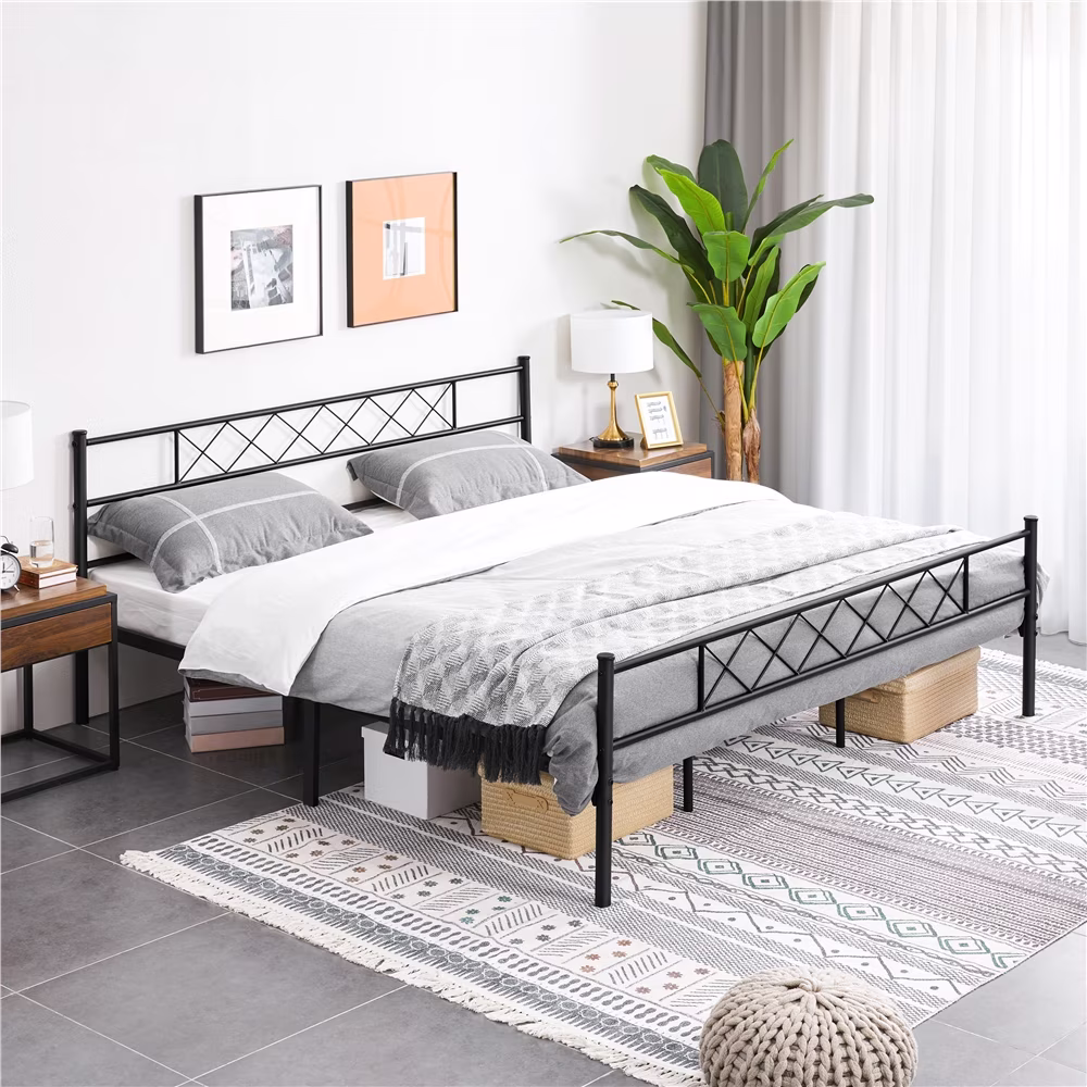 Alden Design King Metal Slatted Bed Frame with Headboard & Footboard for Bedroom, Black