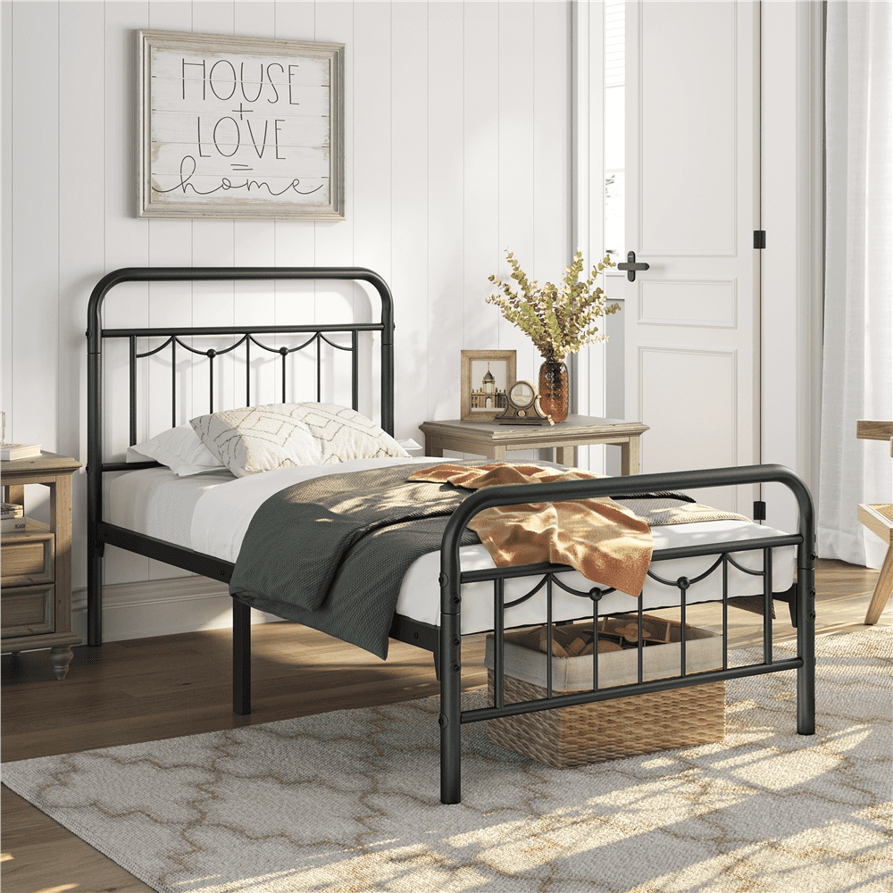 Alden Design Metal Platform Bed with Vintage Headboard and Footboard, Twin XL, Black
