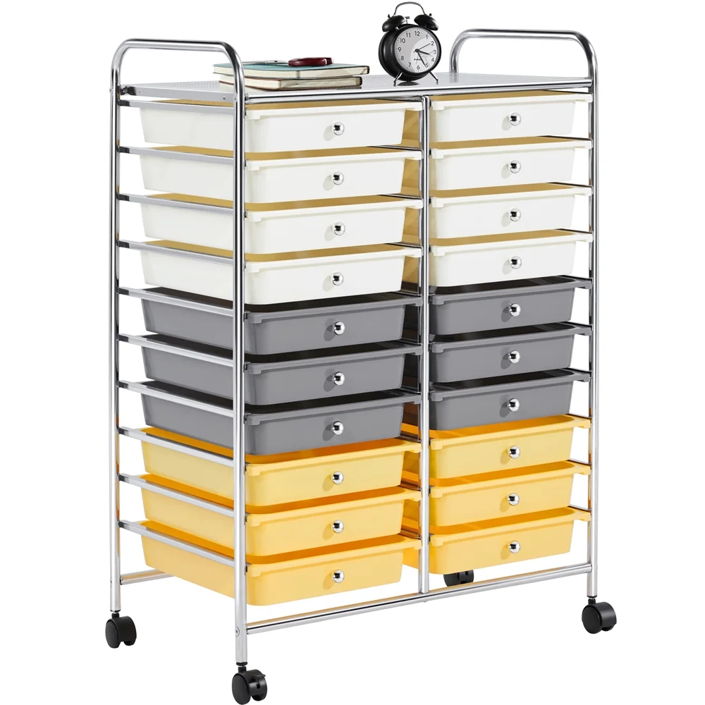 Alden Design 20-Drawer Rolling Storage Cart Bin for Home Office, Yellow/Gray/Beige