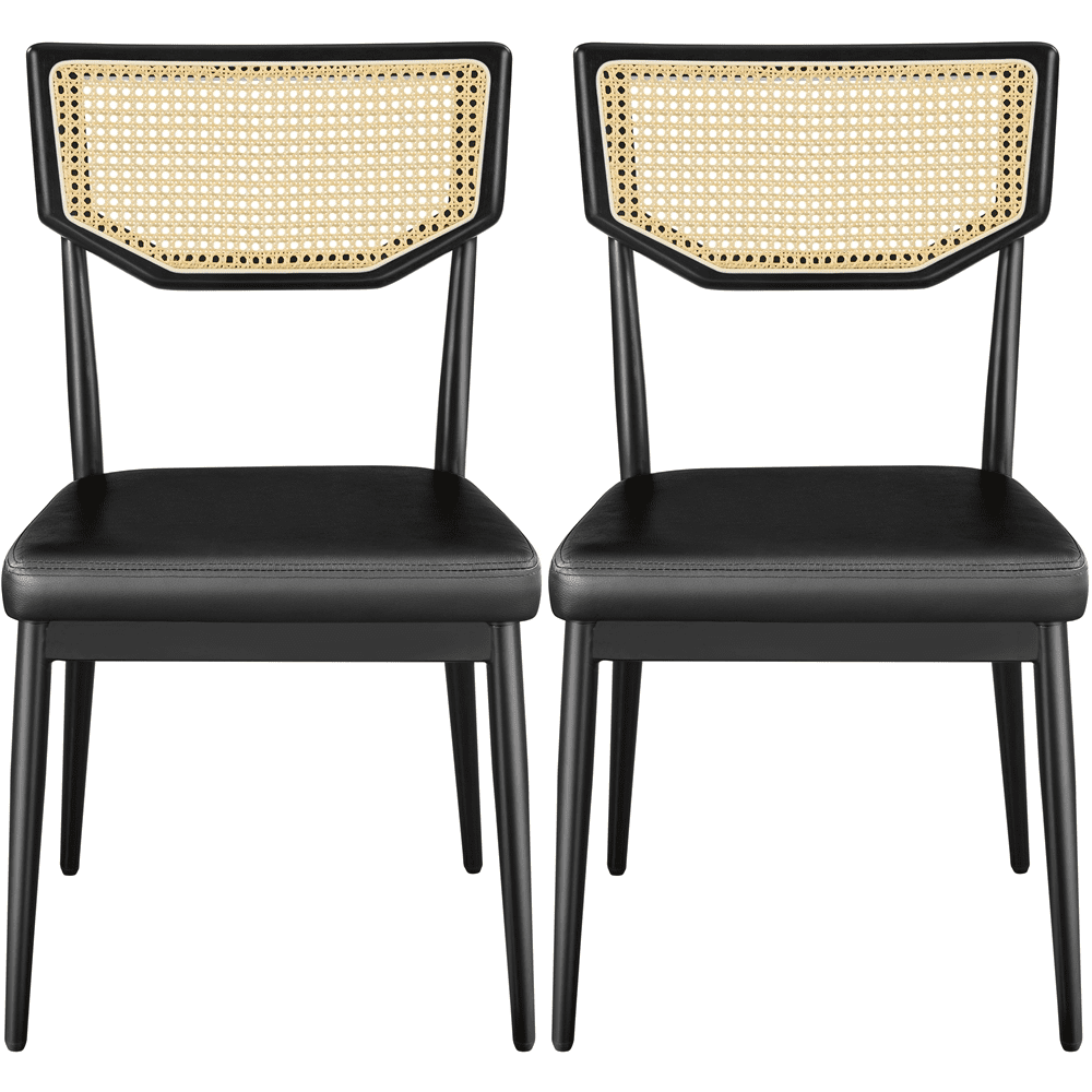 Alden Design 2pcs Faux Leather Dining Chairs with Rattan Backrest & Cushioned Seat for Kitchen, Black