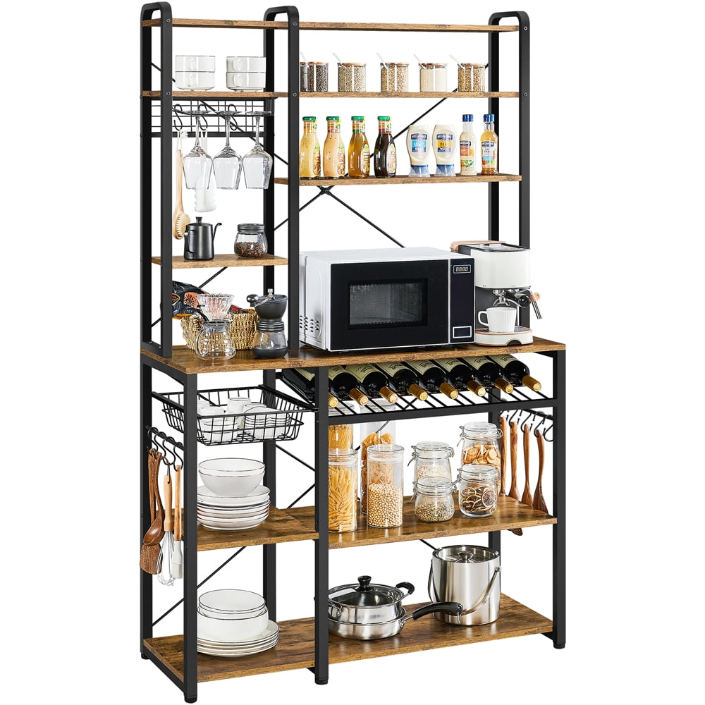 Alden Design Industrial 71" H Baker's Rack with 12 Hooks Wine Rack Stemware Holder, Rustic Brown