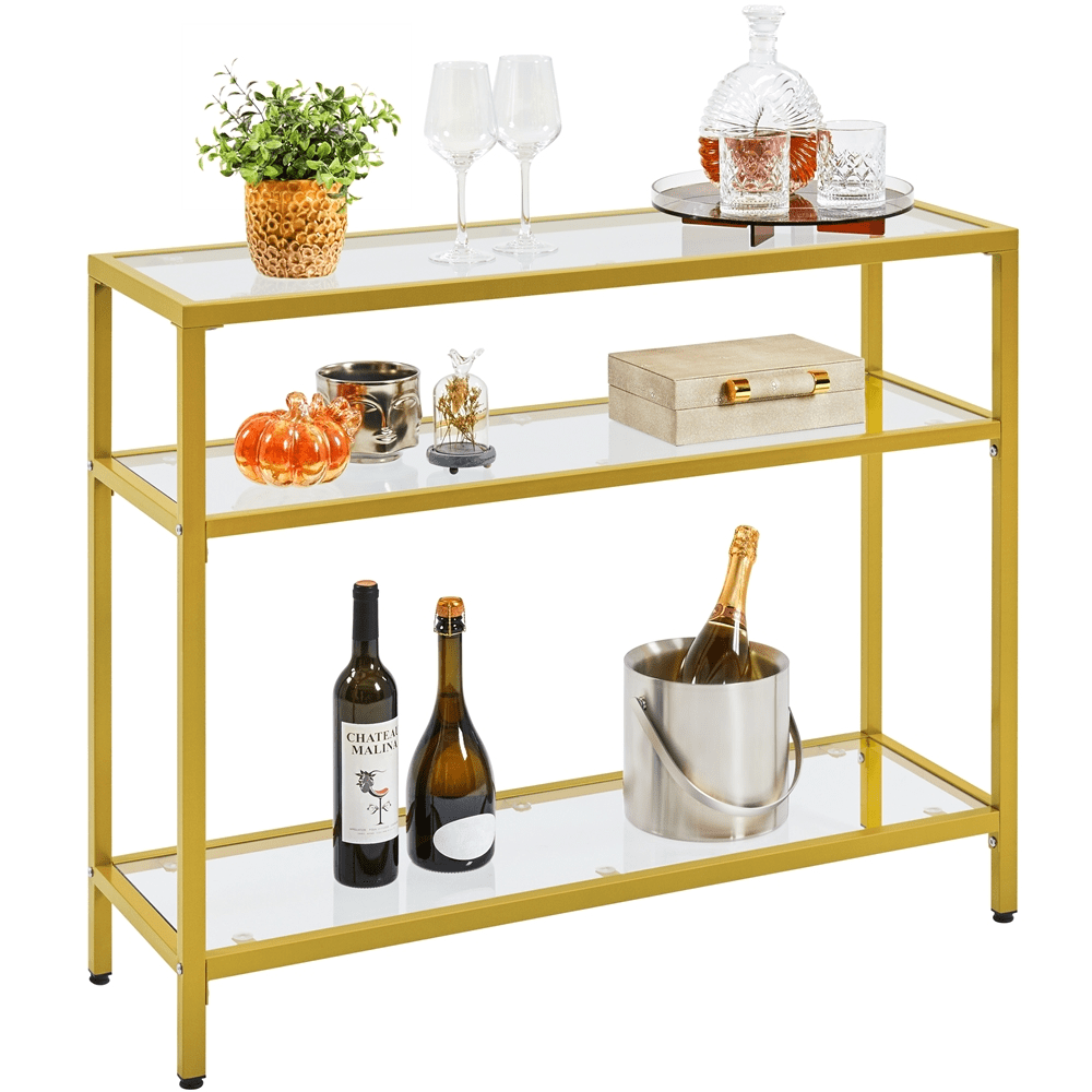Alden Design 3-layer Modern Tempered Glass Console Table with Sturdy Metal Frame for Living Room, Gold