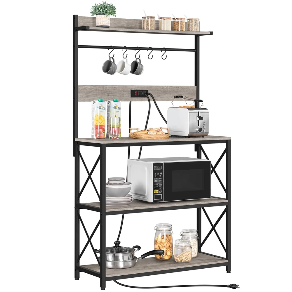 Alden Design 63″H Kitchen Baker’s Racks with 2 AC Outlets for Kitchens Living Rooms, 4-Tier, Gray