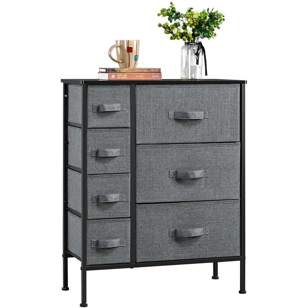 Alden Design 7-Drawer Fabric Storage Tower with Black Metal Frame, Dark Gray