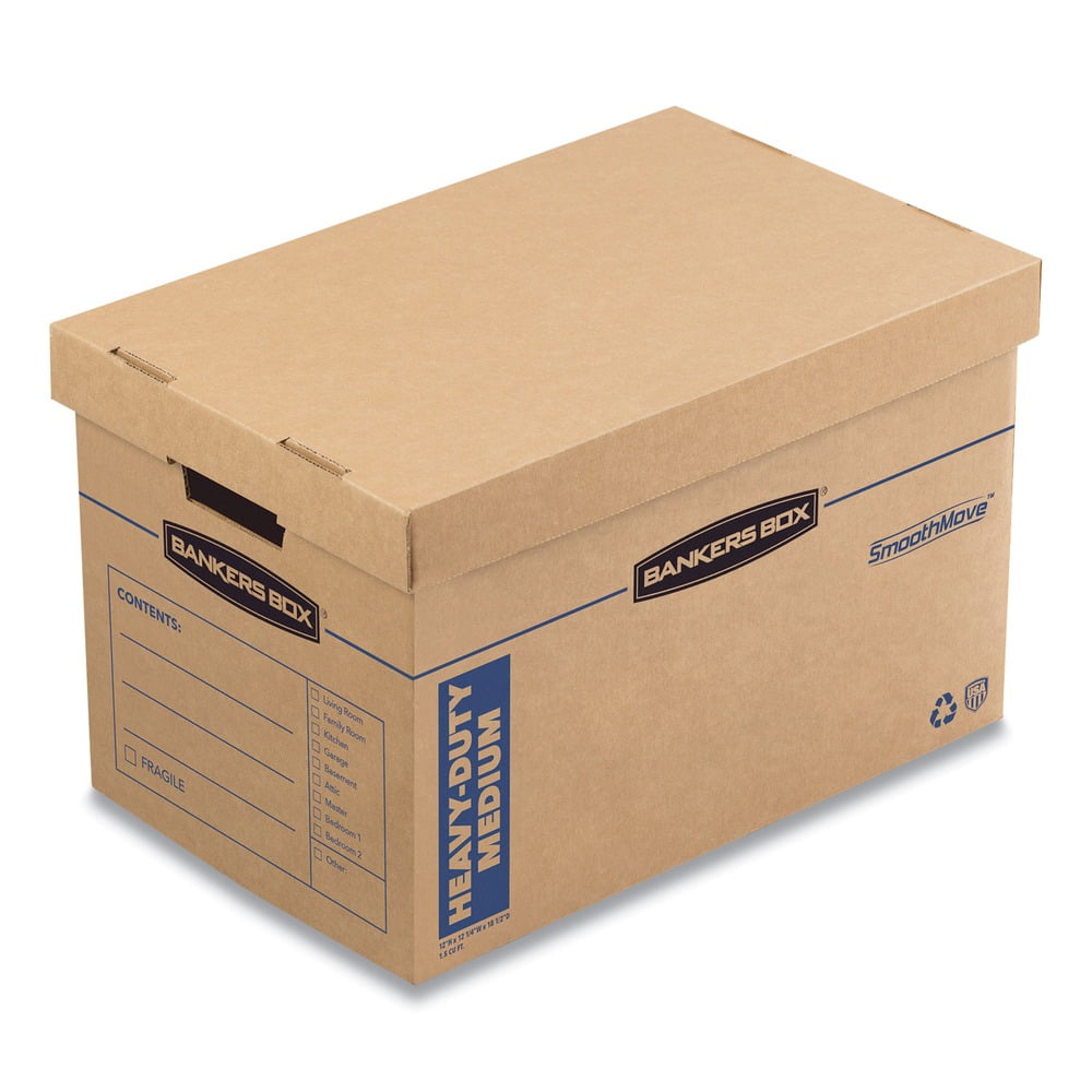 Bankers Box 7710301 SmoothMove 12.25 in. x 18.5 in. x 12 in. Maximum Strength Moving/Storage Boxes - Medium, Brown/Blue (8/Carton)
