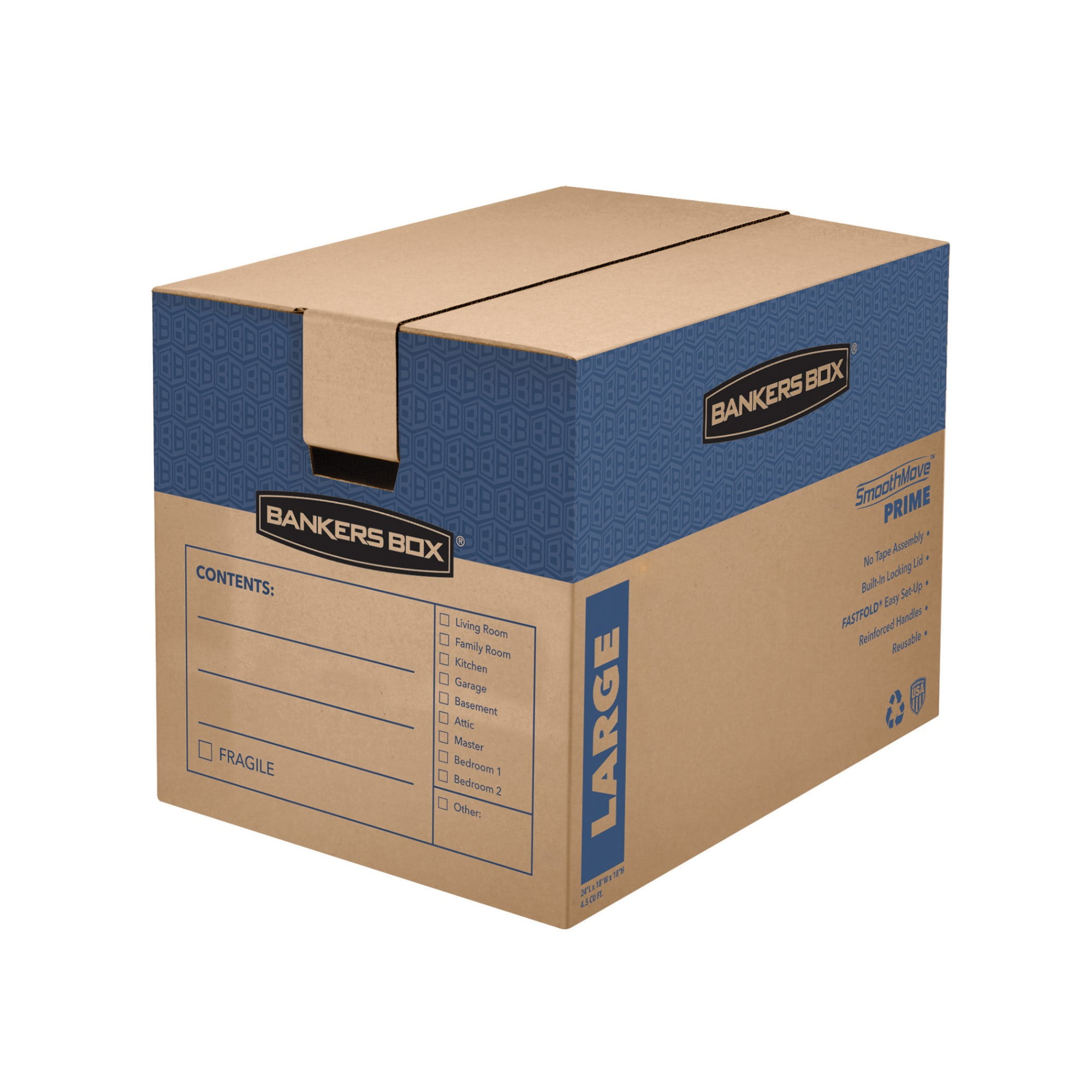 SmoothMove Prime Moving and Storage Boxes, Regular Slotted Container (RSC), 24" x 18" x 18", Brown Kraft/Blue, 6/Carton
