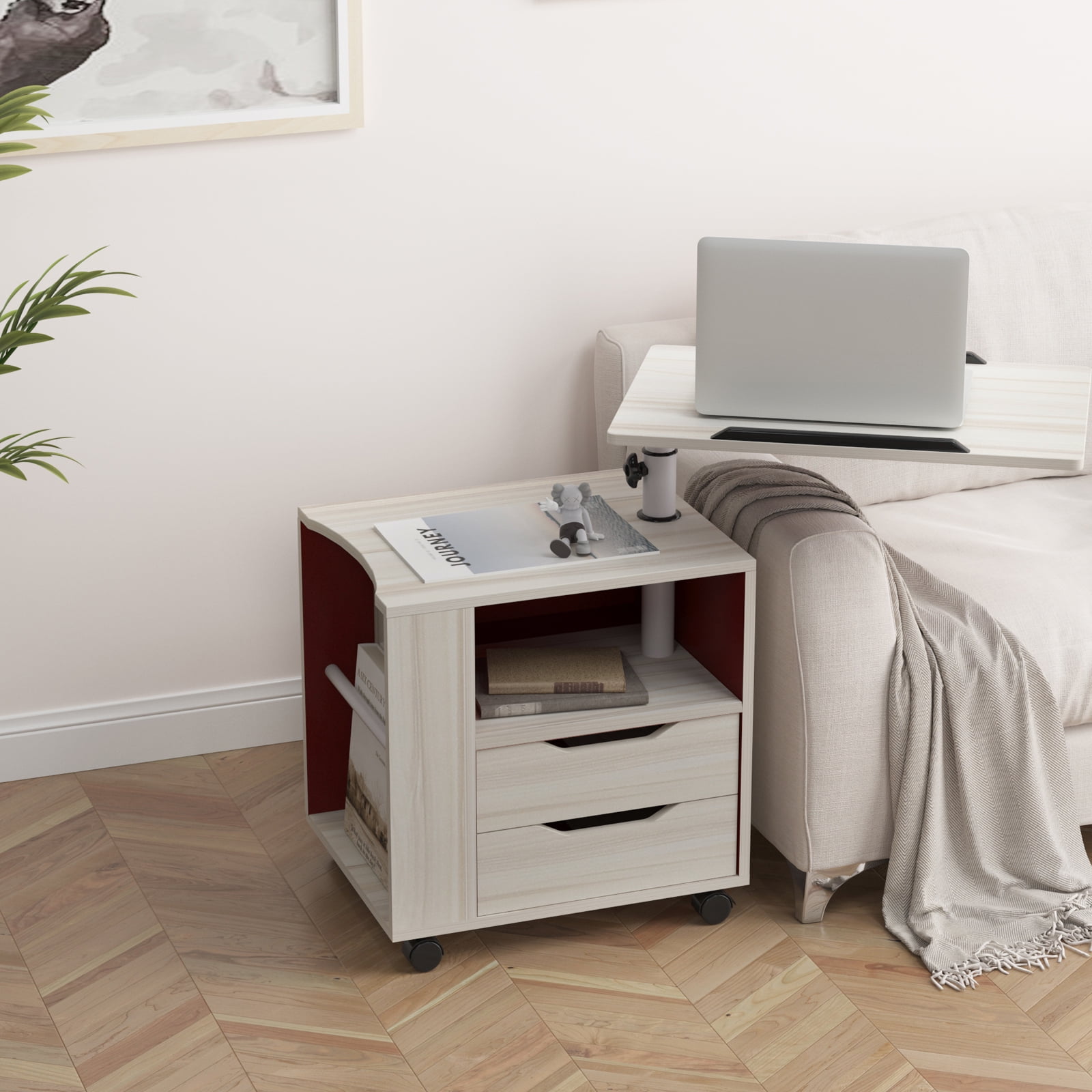 SogesPower 35.4" Height Adjustable Nightstand Movable Bedroom Side Table- White Maple