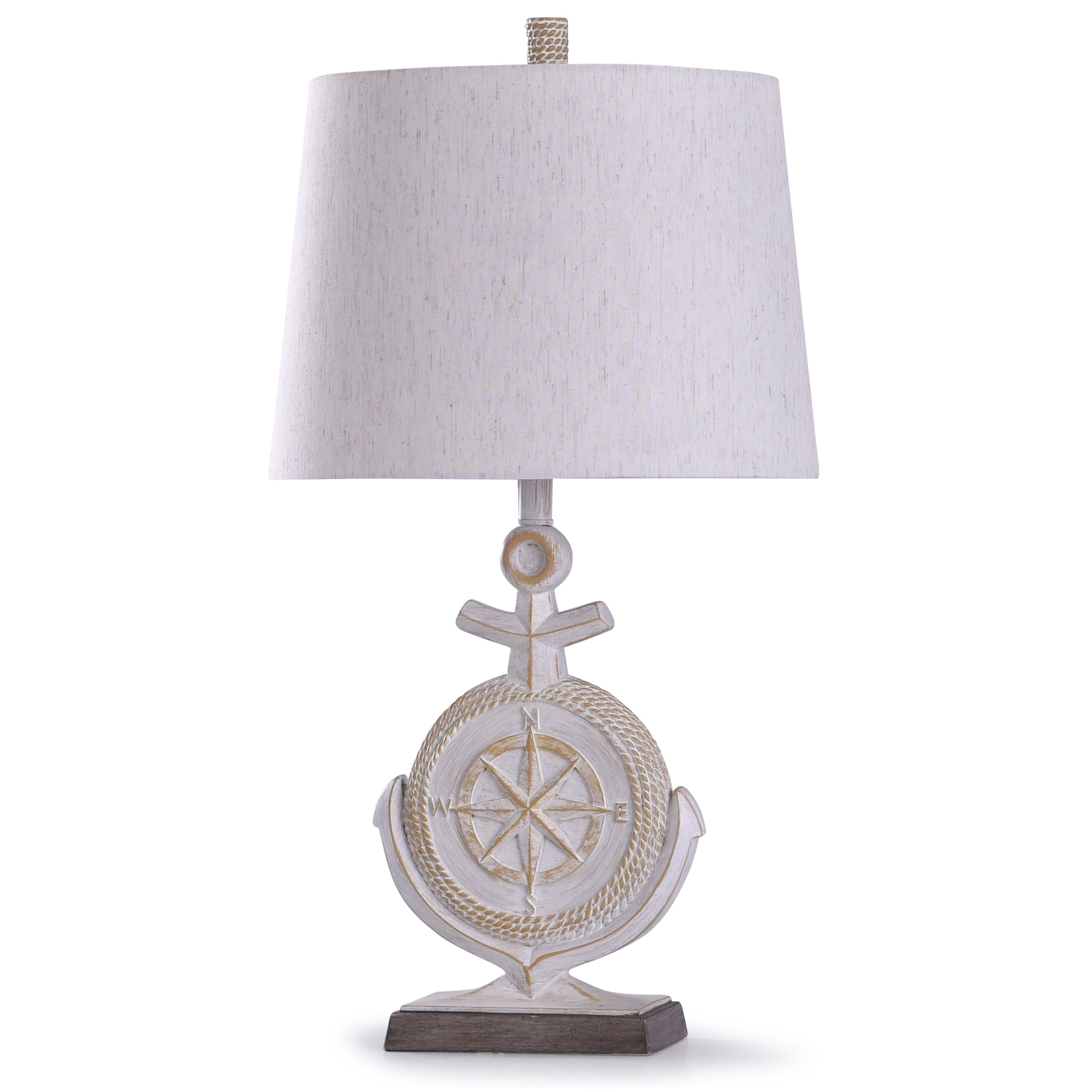 Somerland - Nautical Compass Table Lamp with Anchor and Rope Detail, Tapered Drum Shade - Weathered Ivor and Brown Finish with Oatmeal Shade