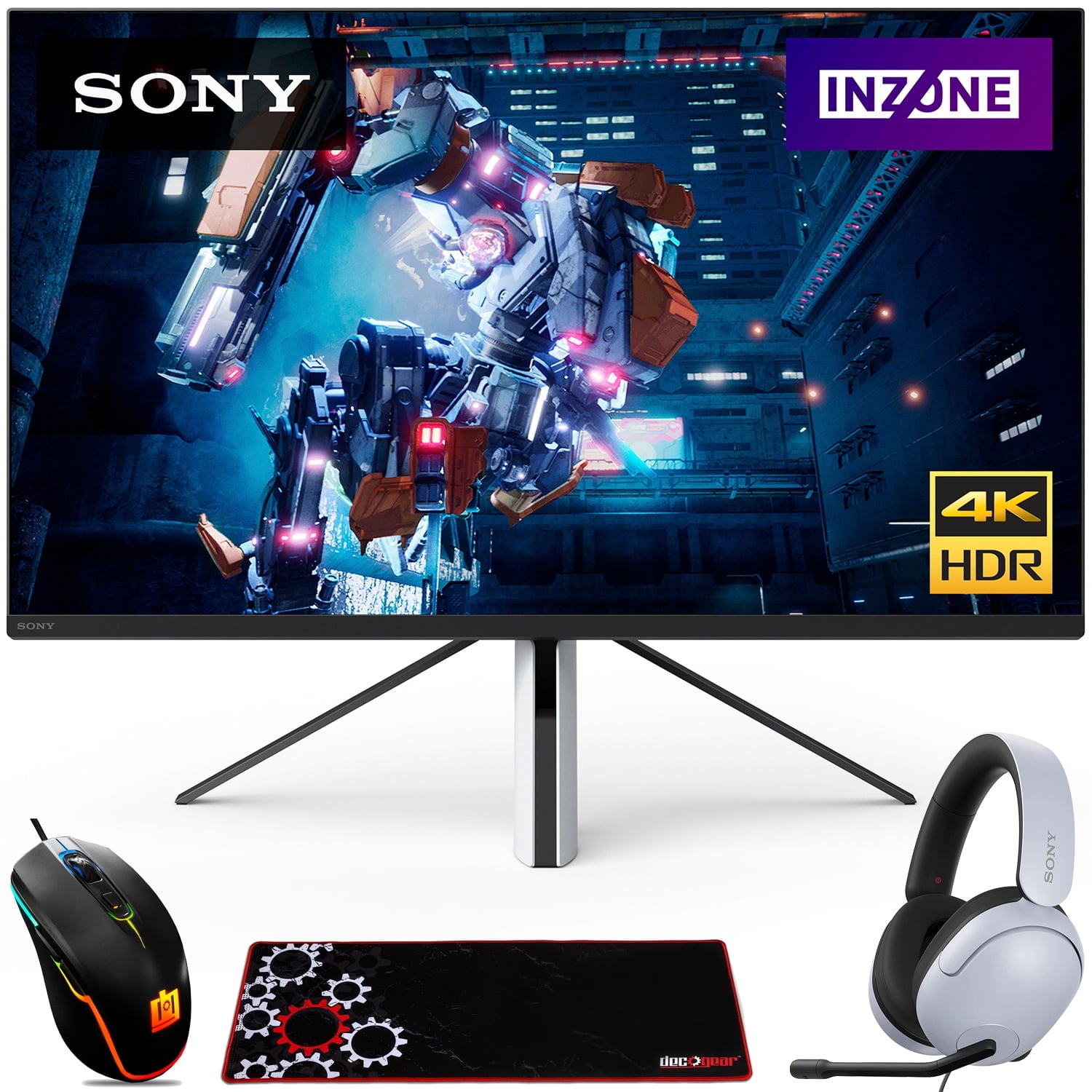 Sony 27" INZONE M9 4K HDR 144Hz Gaming Monitor (SDMU27M90) with Sony INZONE H3 Wired Gaming Headset, White (MDRG300) + Deco Gear Wired Gaming Mouse and Extended Pro Gaming Mouse Pad