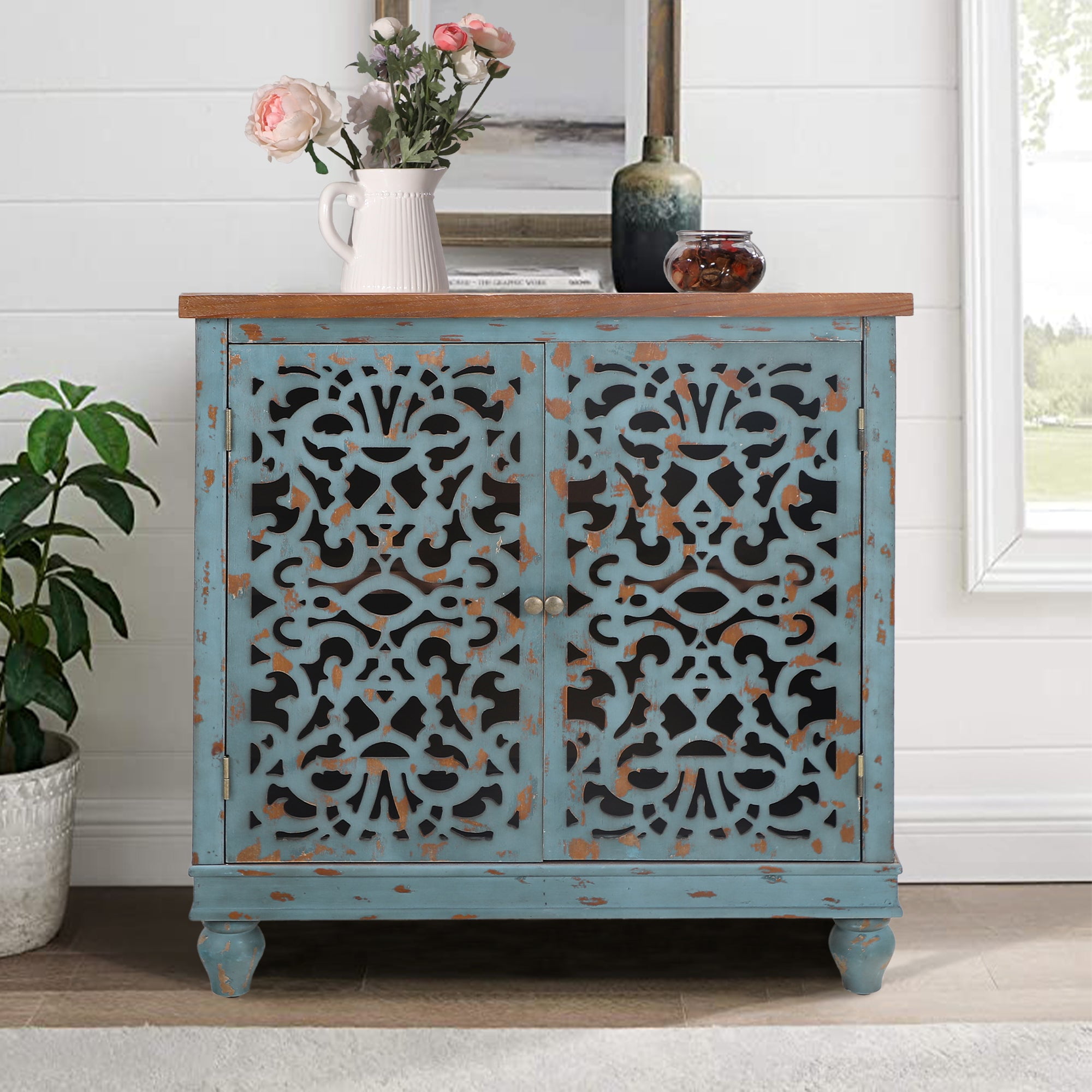 Sophia & William Hollow-Carved Credenzas and Sideboards, Wood Blue, 2 Shelves