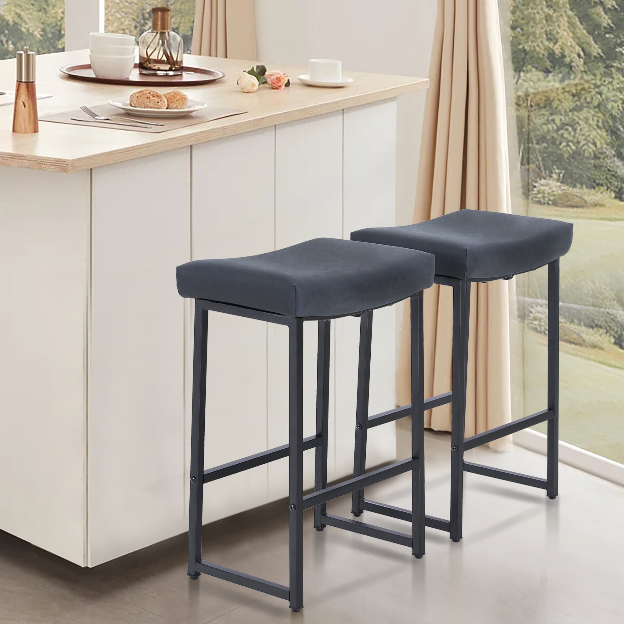 Sophia & William 24" Counter Height Bar Stools Saddle Bar Stools-Set of 2-Black