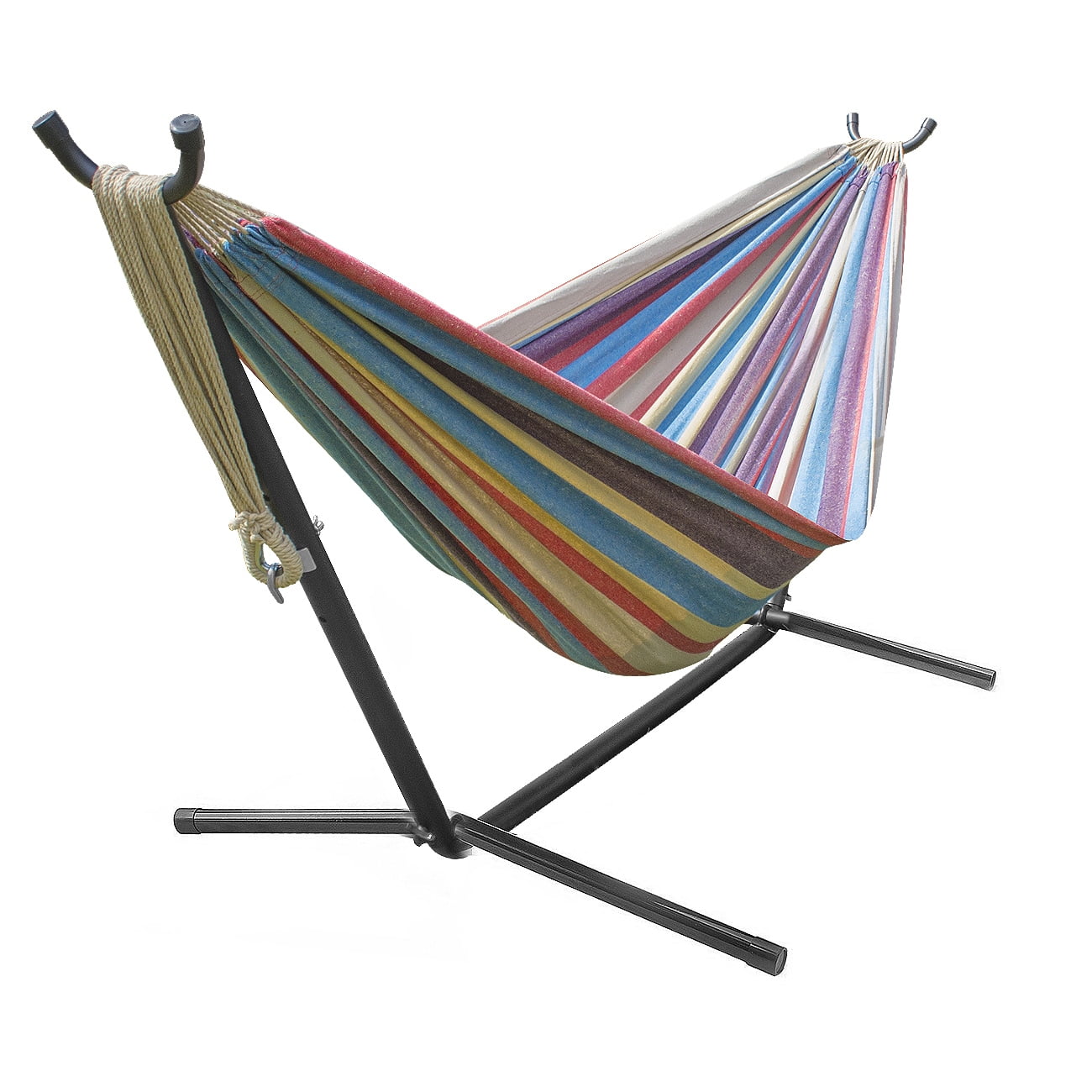 Sorbus Brazilian Blue, Sand, Purple, Red Stripes Double Hammock with Stand